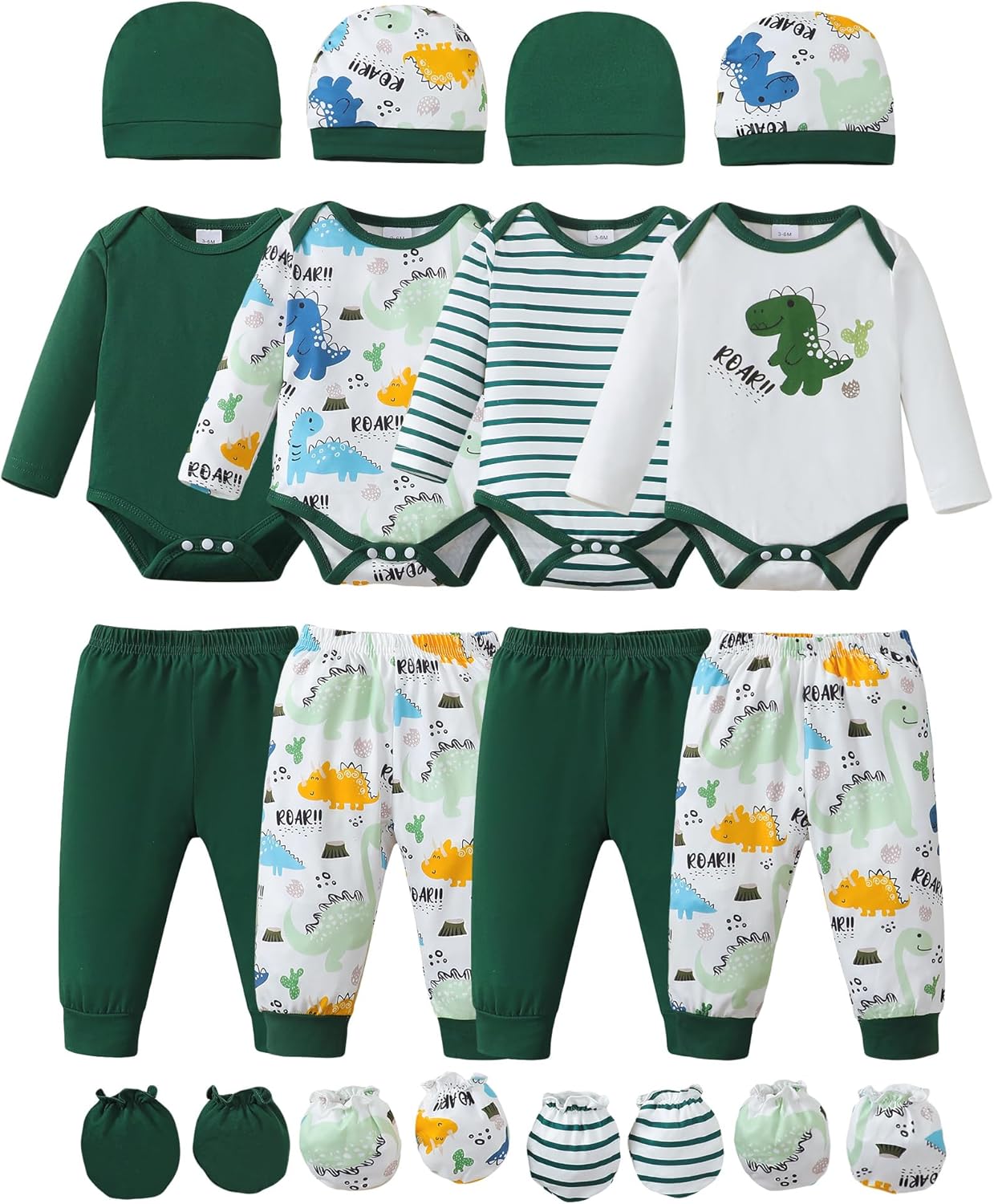 NZRVAWS Newborn Baby Boy Girl Clothes Unisex Infant Romper Pants Set Hat 4-Pack Outfits 0-12 Months 16 Pieces Toddler