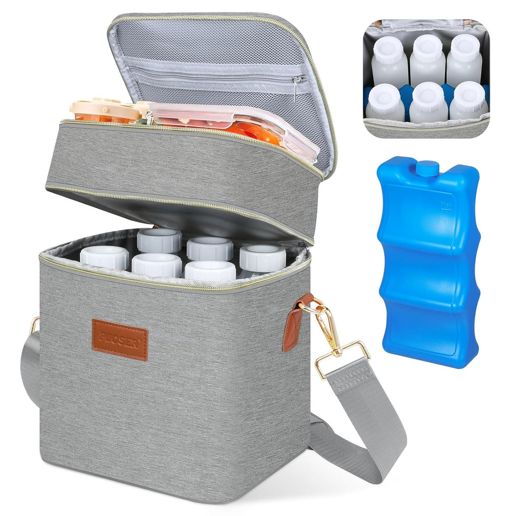 PIIOSER Breastmilk Cooler Bag with Ice Pack Fits 6 Baby Bottles Up to 9 Ounce, Insulated Baby Bottle Tote Bags, Double Layer Waterproof Leak-Proof with Shoulder Strap for Nursing & Working Mom (Grey)