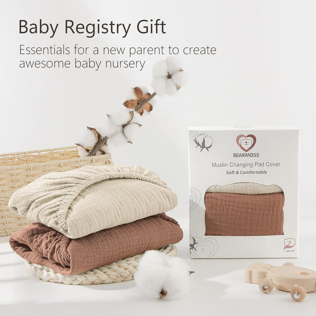 Bearmoss Changing Pad Cover, 2 Pack Muslin [100% Cotton] Diaper Changing Table Covers, 32'' x 16'' Soft Breathable Changing Pad Sheets for Unisex Baby Girls and Boys with Strap Holes (Cappuccino)