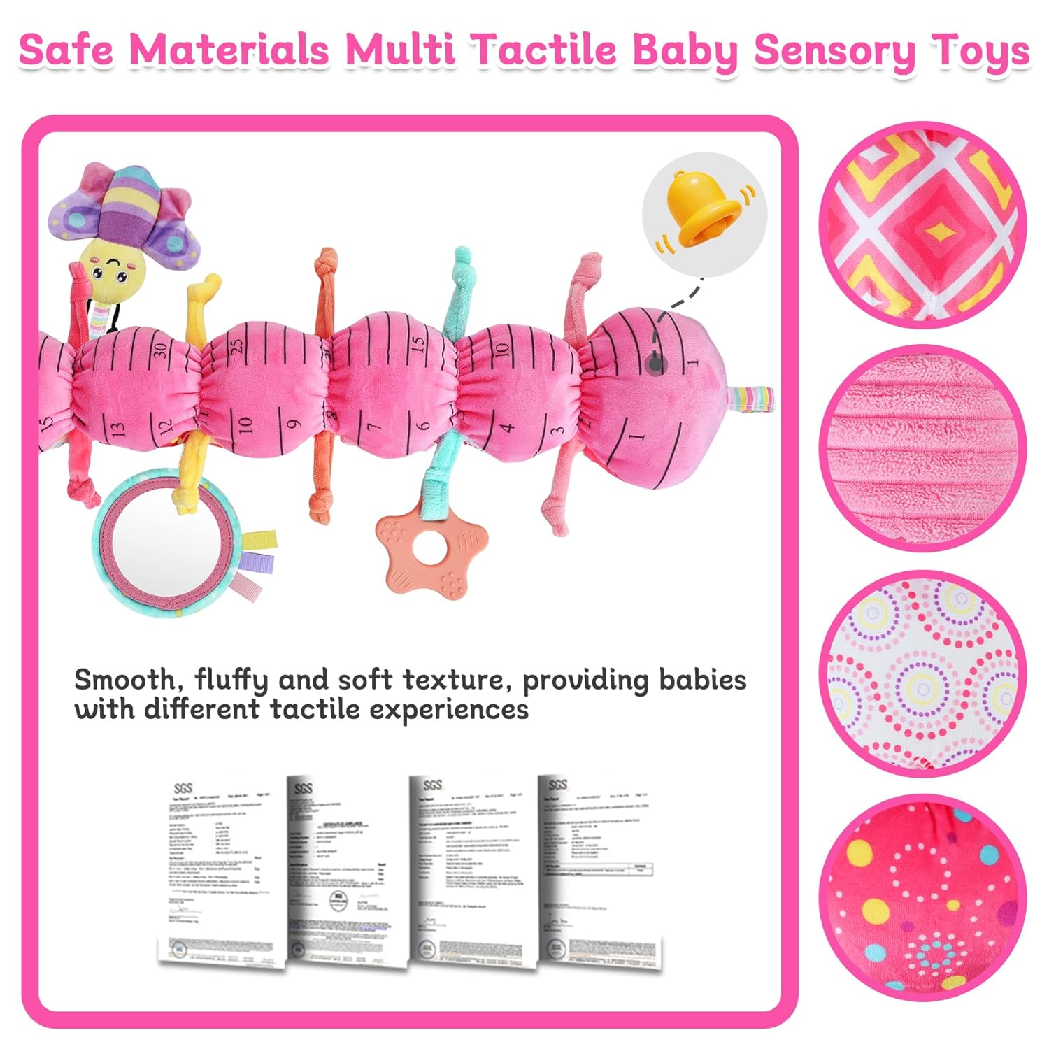 Baby Girls Toys 6-12 Months - Infant 6-in-1 Sensory Music Animal Stuffed Caterpillar Toy with Rattle & Mirror Crinkle for Tummy Time, Newborn 0 3 6 9 12 18 Shower Gifts Soothing Companion Toys, Pink