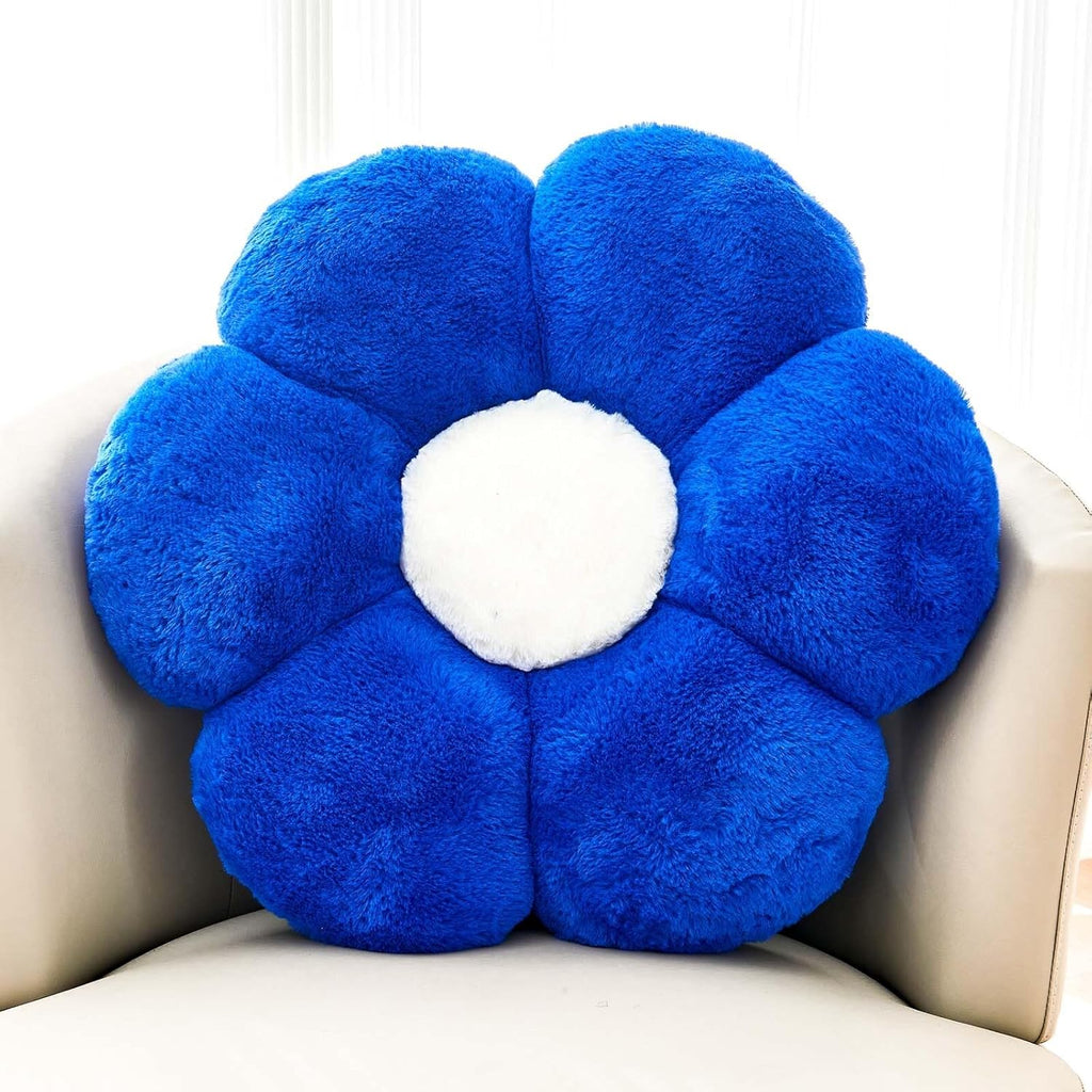 Royal Blue Flower Pillow, Cute Decorative Flower Shaped Throw Pillow with Faux Rabbit Fur, 19.6" Soft Flower Plush Throw Pillow Floor Pillows Room Décor for Bedroom Living Room