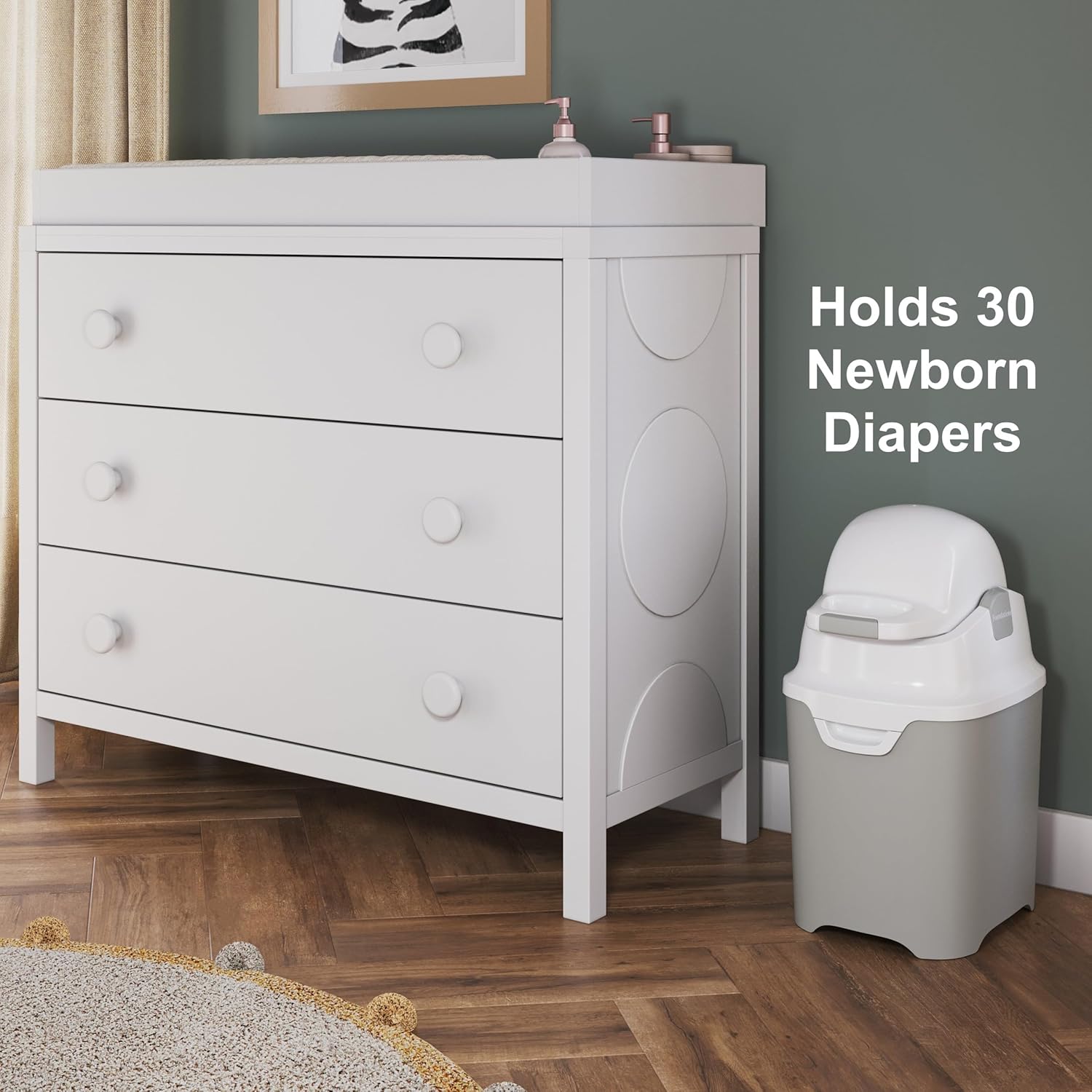 Foundations Mini Diaper Pail with Airtight Lid - Durable & Odorless Diaper Disposal, Large Capacity, Holds up to 30 Newborn Diapers, Refill with Any Bags - Gray