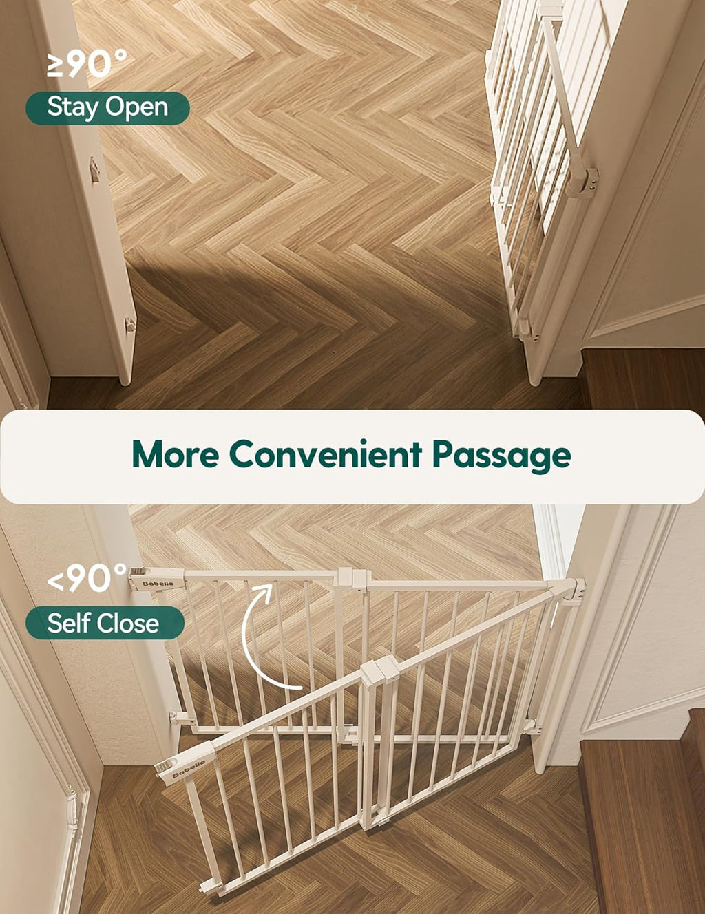 Babelio 34" Tall No Bottom Bar Baby/Dog Gate for Stairs, House and Doorways, 29.7-46.5" Auto Close Safety Pet Gates with Large Walk Thru Door, Hardware Mount, White