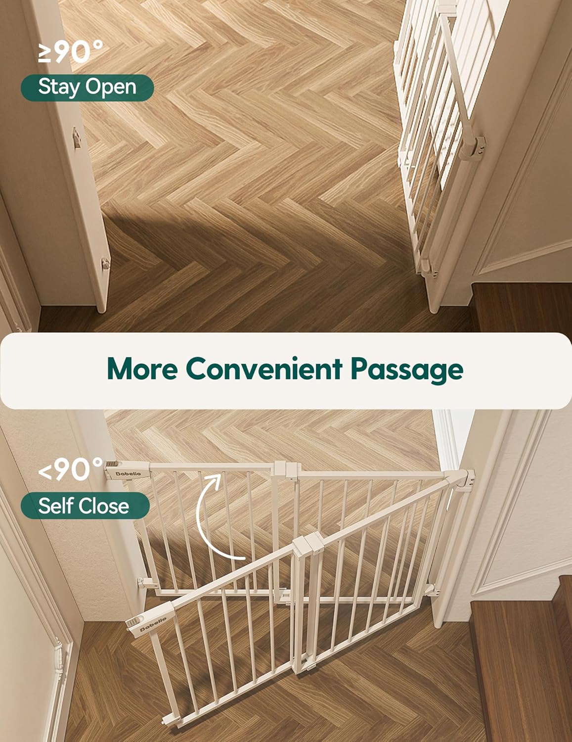 Babelio 34" Tall No Bottom Bar Baby/Dog Gate for Stairs, House and Doorways, 29.7-46.5" Auto Close Safety Pet Gates with Large Walk Thru Door, Hardware Mount, White