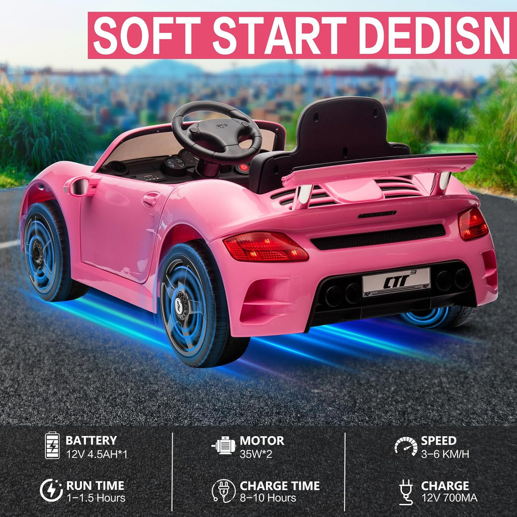 Licensed RUF CTR3 12V Kids Ride On Car with Parent Remote Control, MP3 Player, Battery Powered Electric Toy with 2 Motors, 3 Speeds, LED Lights - Pink