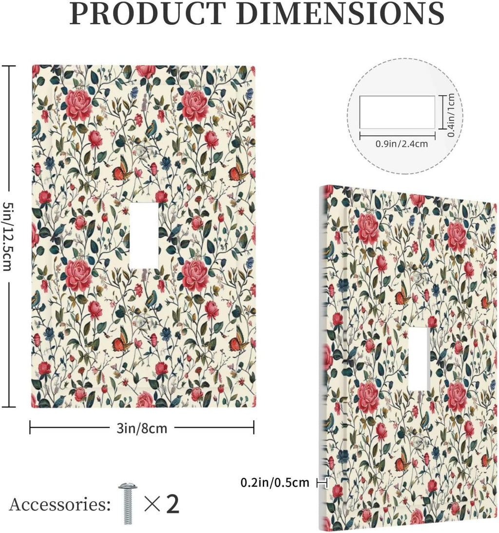 Decorative Light Switch Cover Vintage Flowers Rose Leaf Bird Butterfly 1 Gang Single Toggle Device Electrical Faceplate Switchplates Decorator Outlet Wall Plate for Bedroom living Room Decor
