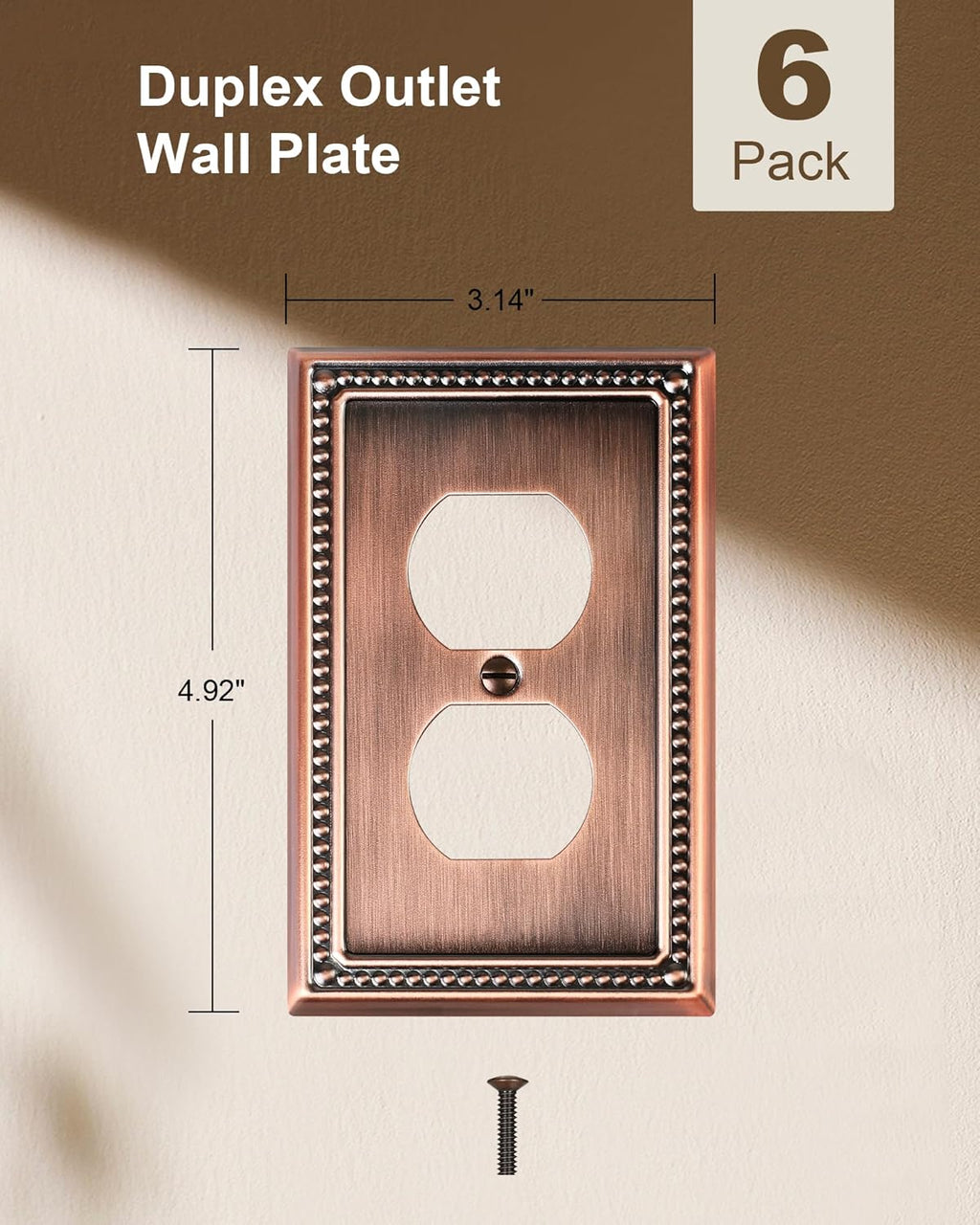 6-Pack Duplex Outlet Cover Plate, Antique Copper Metal Wall Plates for Electrical Outlets, 1 Gang Receptacle Cover, Pearls Decorative Switch Plates and Outlet Covers