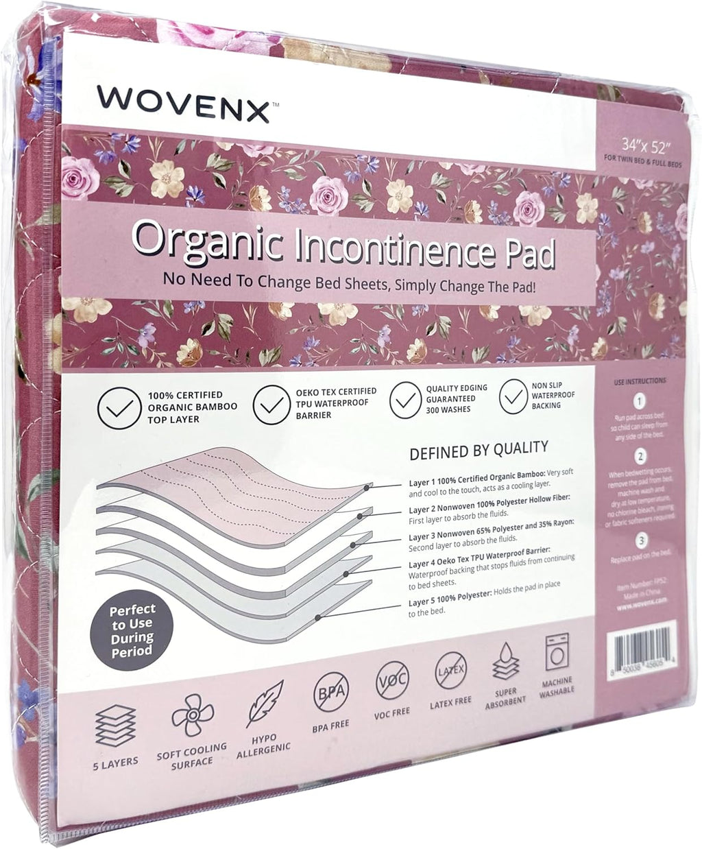 Organic Incontinence Pad for Period - Waterproof Protectors - Reusable Washable Pee Pad - Fits Twin to Full Size Beds - 100% Organic Viscose Derived from Bamboo - 34" x 52" Dark Flower