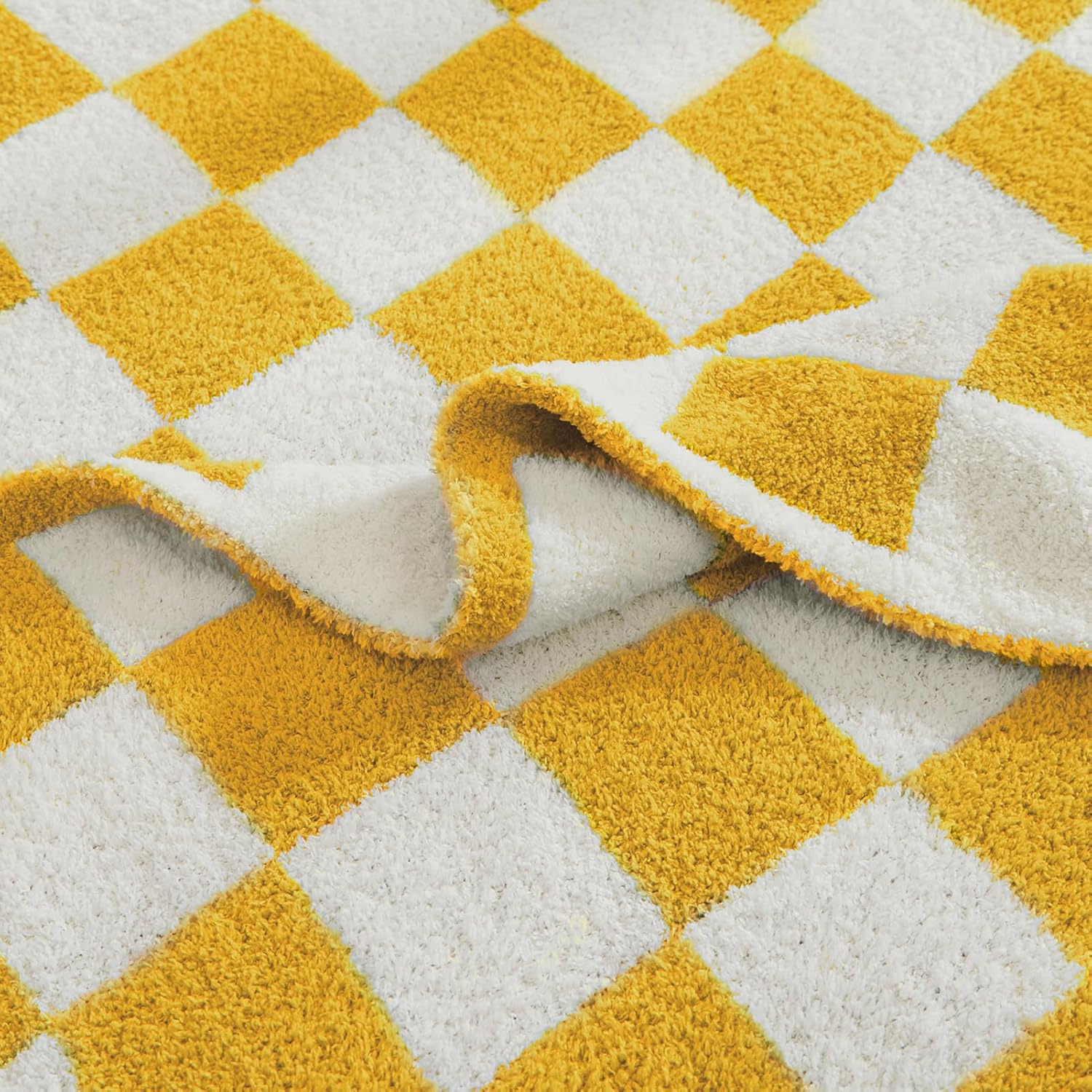 WRENSONGE Checkered Throw Blanket, Yellow Soft Cozy Fluffy Warm Hand Made Throw Blankets for Couch, Sofa, Chair, Bed, Camping, Picnic, Travel Lightweight Bed Blanket - 60"*80"