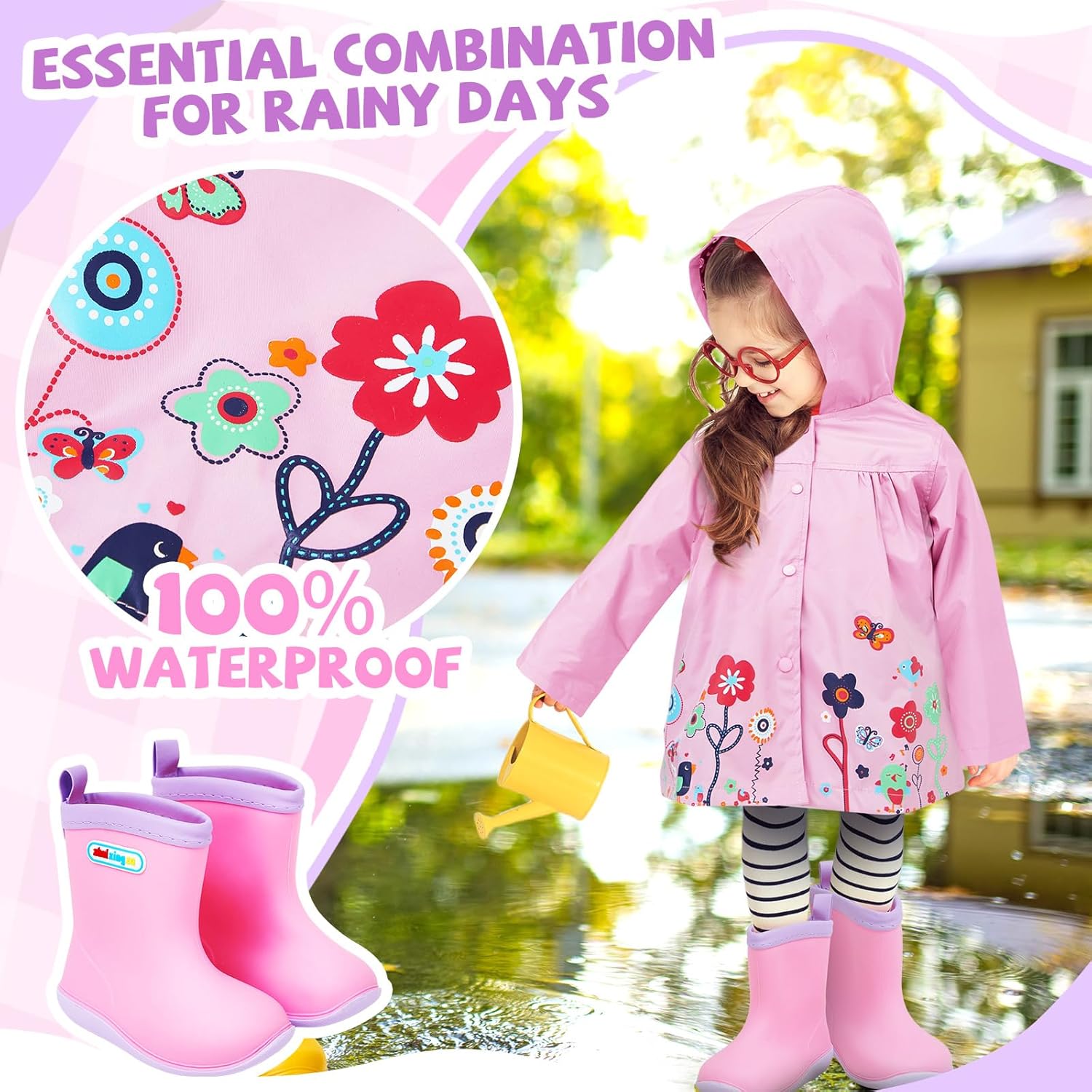2 Pcs Toddler Raincoat Rain Boots Set Kids Baby Cartoon Hoodie Zipper Jacket Short Rain Shoes for Little Boys Girls