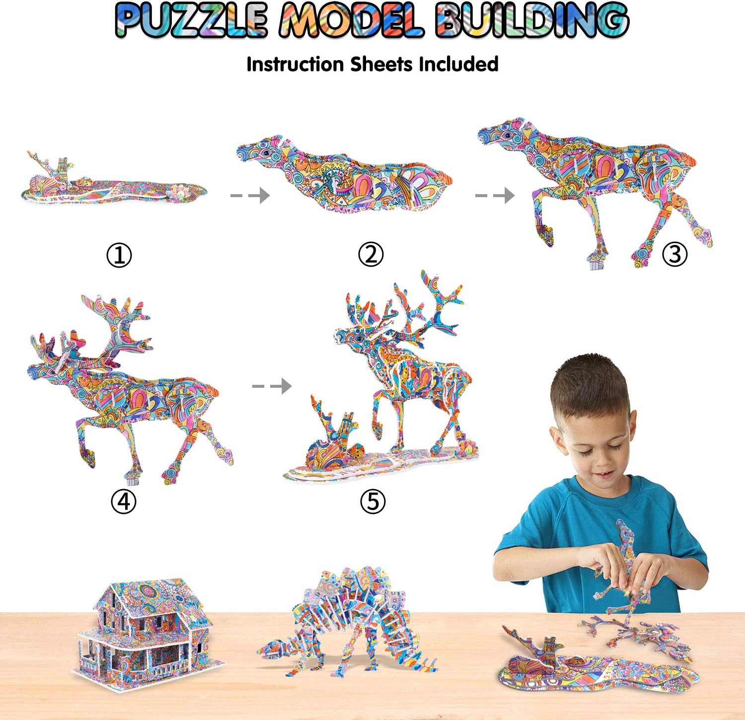 BEARUN 3D Coloring Puzzle Set, Arts and Crafts for Girls and Boys Age 6 7 8 9 10 11 12 Year Old, Fun Educational Painting Crafts Kit with Supplies for Kids, Birthday Toy Gift for Kids