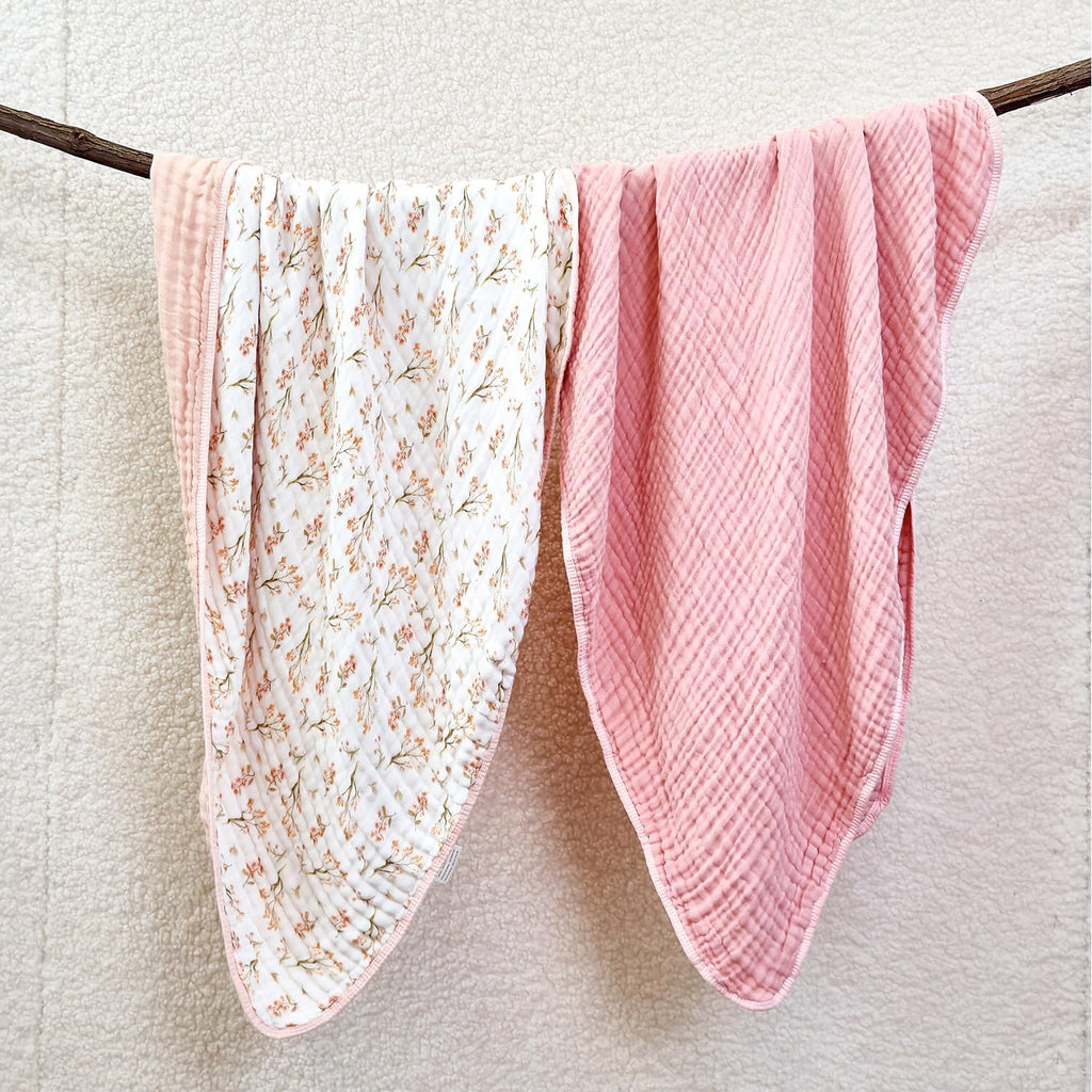 Pack of 2 Ultra Soft Muslin Baby Blankets for Girls Boys Breathable Lightwight Cotton Muslin Swaddle Blankets for Infant Toddler Newborn Nursery Swaddling Wrap 43"X43" (Floral and Pink)