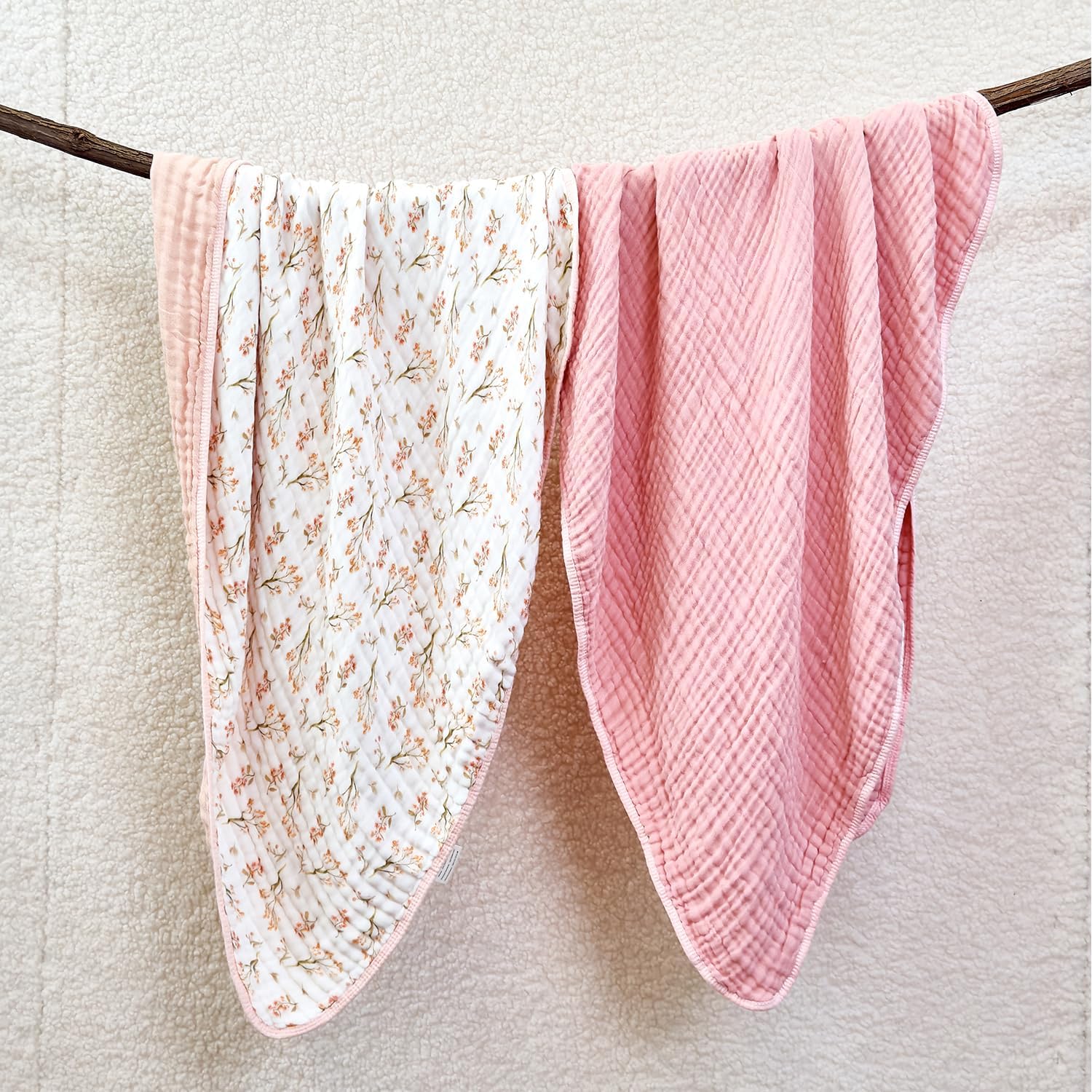 Pack of 2 Ultra Soft Muslin Baby Blankets for Girls Boys Breathable Lightwight Cotton Muslin Swaddle Blankets for Infant Toddler Newborn Nursery Swaddling Wrap 43"X43" (Floral and Pink)