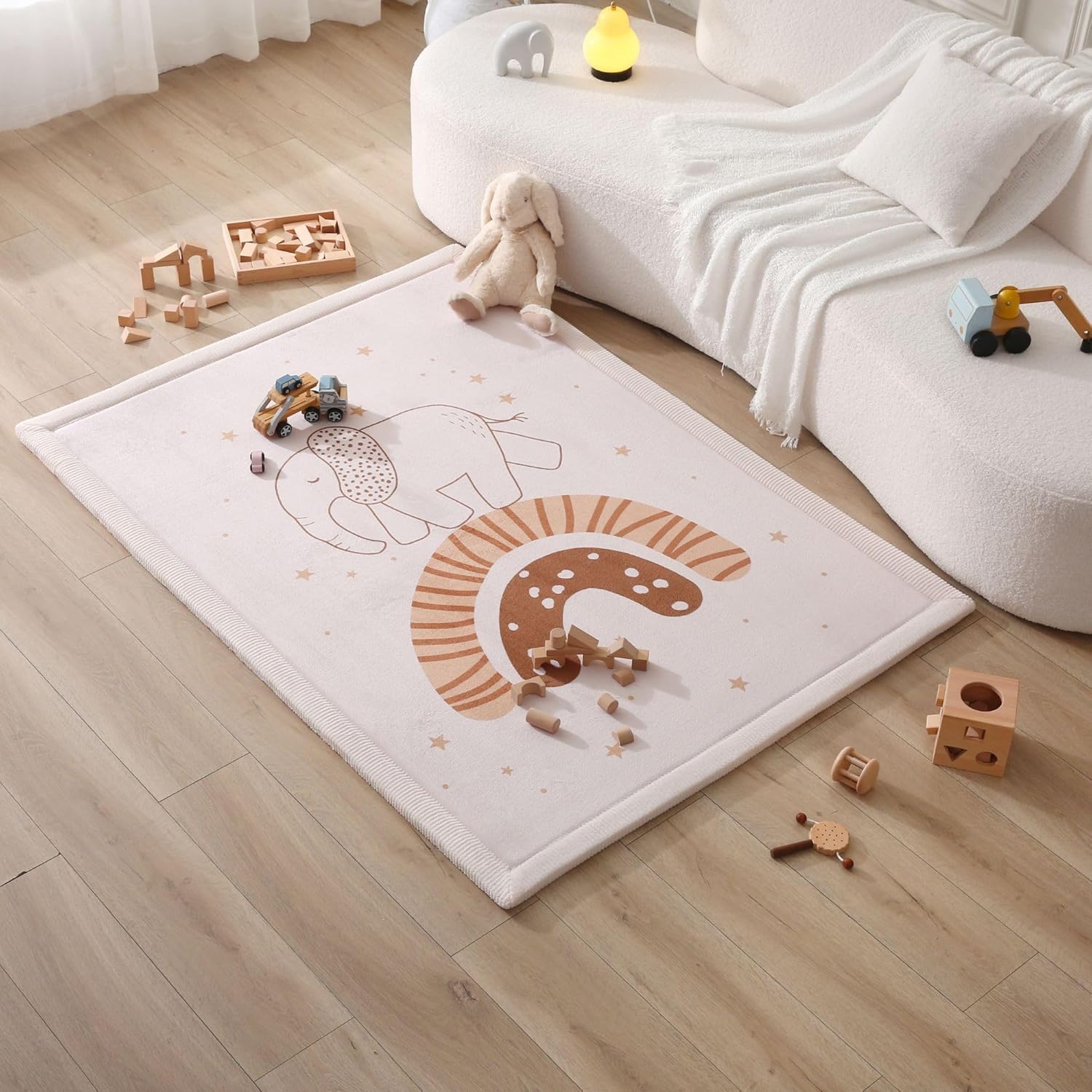 Stylish Coral Baby Play Mat for Floor 47" x 67" Rainbow Elephant – Soft 1" Thick High-Density Memory Foam Nursery Rug,Kids Rug with Non-Slip Backing for Crawling & Playing, Playroom Rug, Kids Carpet
