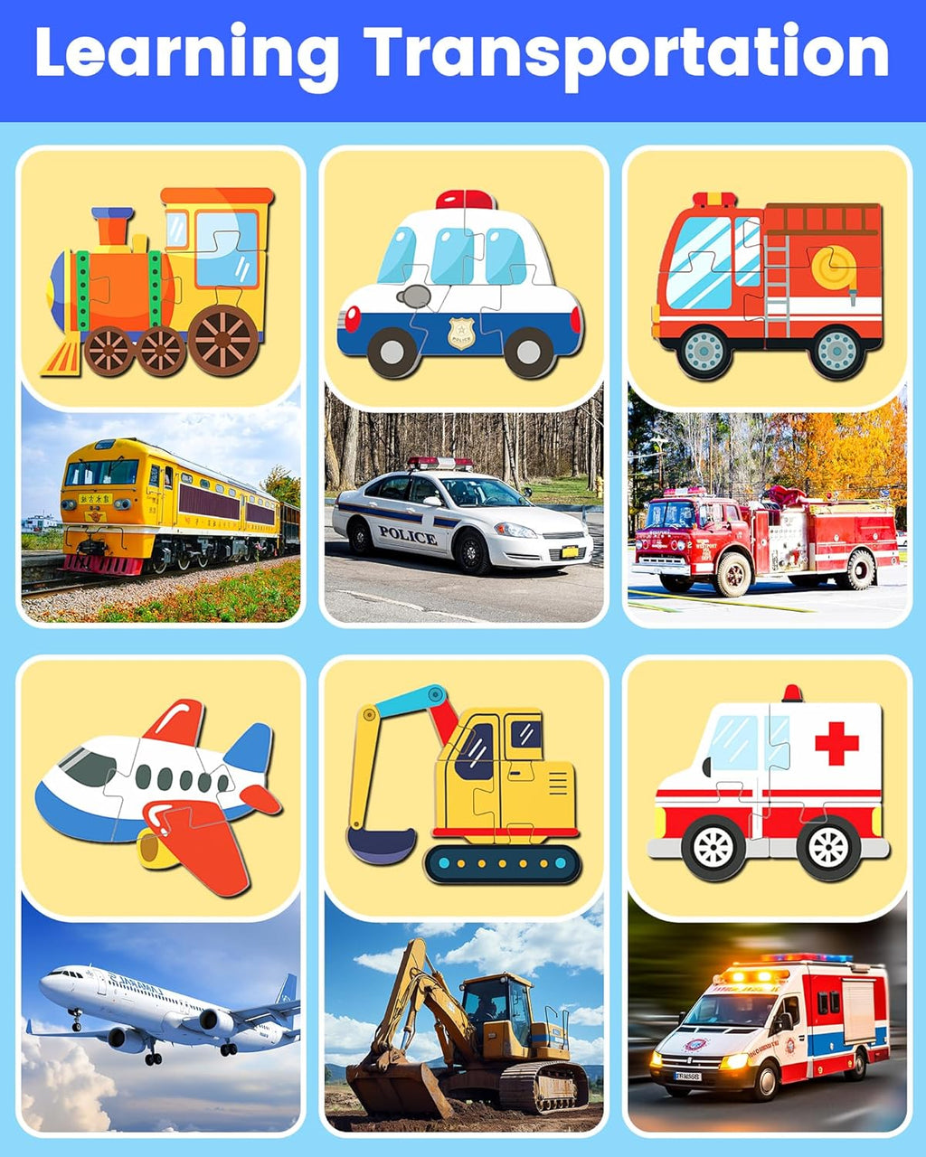 Benresive Wooden Toddler Puzzles, Montessori Toys for 1 2 3 Year Old Boys, Toys for 1 2 3 Year Old Boy Birthday Gifts, 6 Pack Vehicle Toddler Learning Educational Puzzles