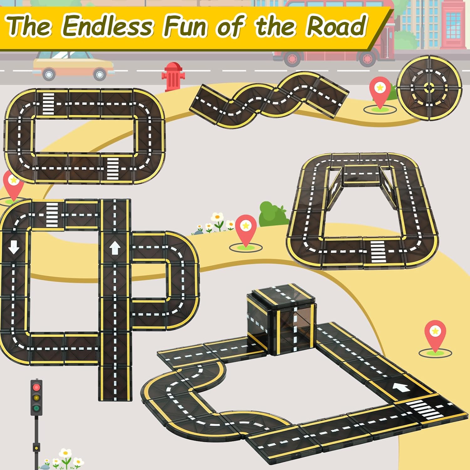 Magnetic Tiles Road Set, STEM Magnet Building Blocks for Toddler Kids, Montessori Educational Toy Gifts for 3+ Year Old Boys & Girls