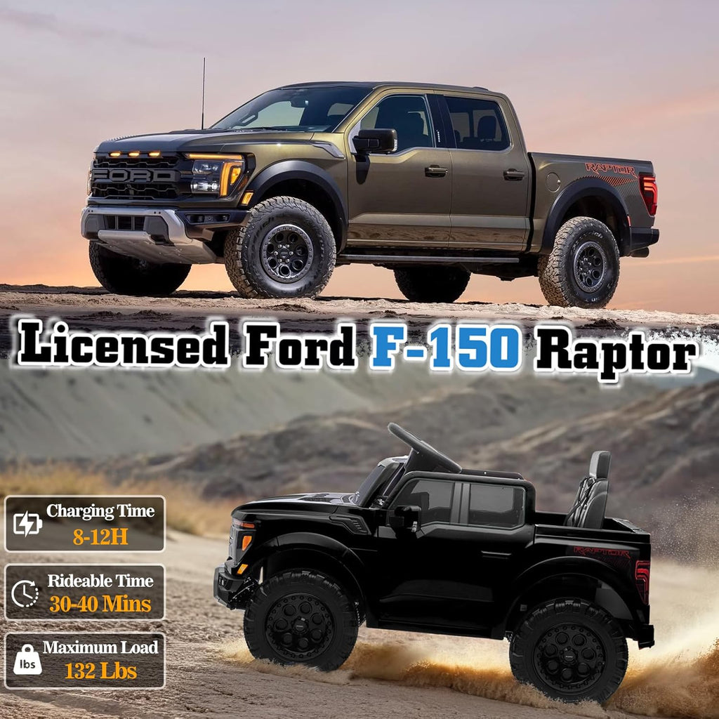 12V Ride on Car Licensed Ford F-150 Raptor, Kids Electric Car with Remote Control, LED Light/Music/MP3, Truck Bed Storage, 3-Point Seat Belt (12V, Black)
