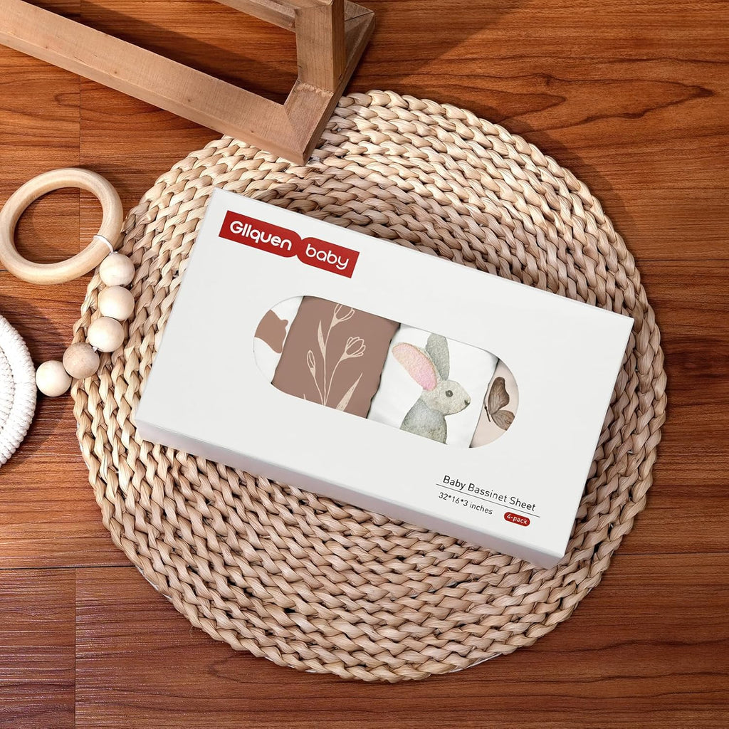 Gllquen Baby Bassinet Sheets 4 Pack, Breathable Cozy Fitted Mattress Sheet, Elastic Travel Crib Fashionable Floral Pattern, Standard Cradle Safe Sheets for Baby Boys Girls 32"x16" (Bear)