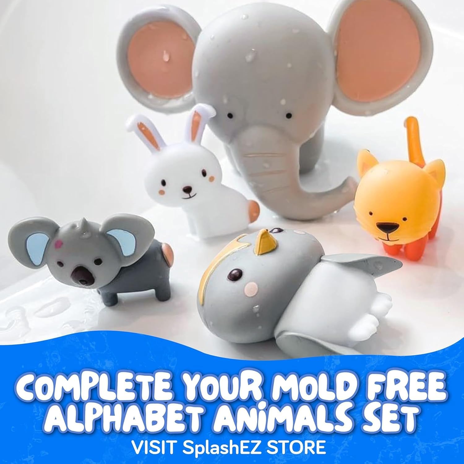 SplashEZ Animals Bath Toys for Toddlers, Mold Free Bath Toys for Kids, No Hole for Water Soft Durable Elephant Play Set for Bathtub, Pool, Shower Boys & Girls, No Mold, Ages 0-1-3-4-5-6-8
