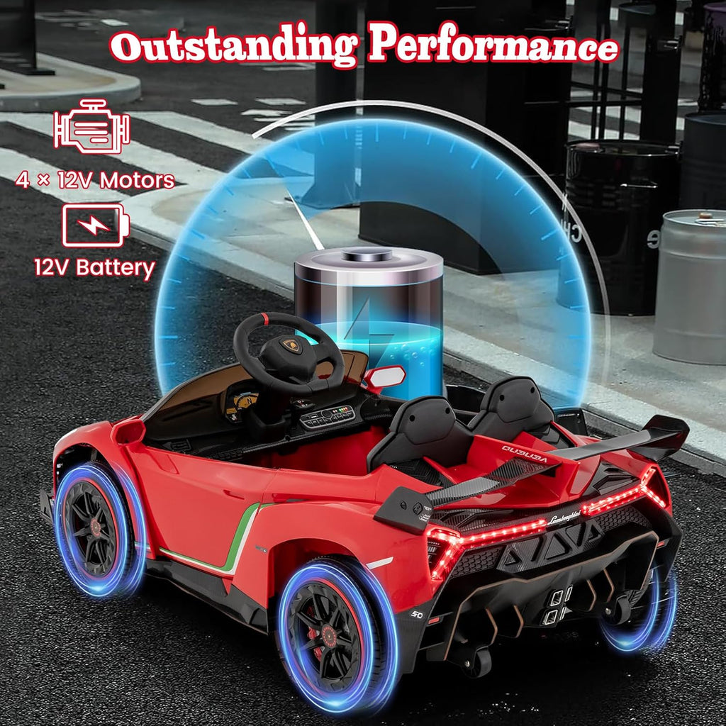Costzon Ride on Car, Lamborghini Licensed 12V Battery Powered 4WD Sports Car with Remote Control, 3 Speeds, Hydraulic Doors, LED Lights, Towing Wheel, Horn, Music, Electric Vehicle for Kids Aged 3-8