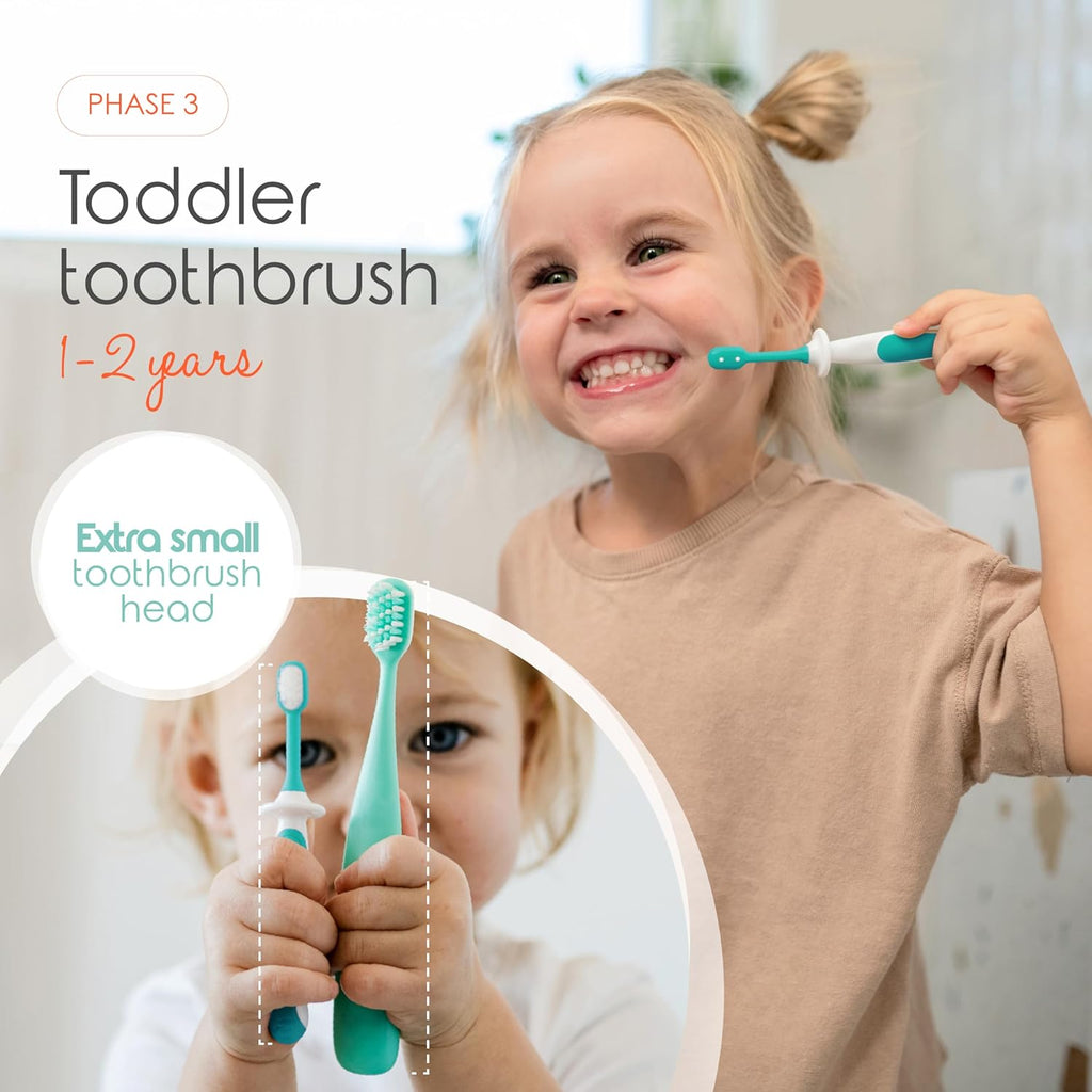 Cherish Baby Care Baby Toothbrush & Toddler Toothbrush Set (0-2 Years) - BPA-Free & Safety-Tested, 2023 Award Winner, Food-Grade Silicone (Teal)