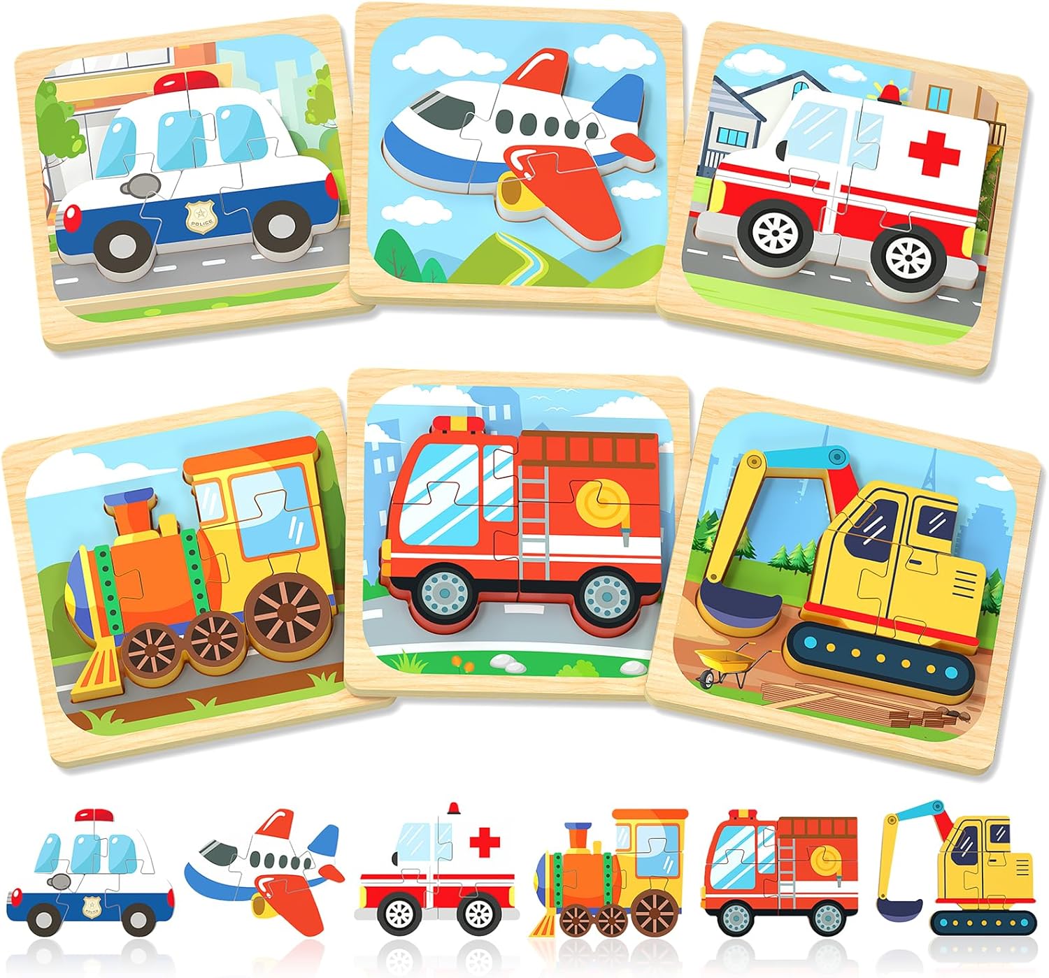 Benresive Wooden Toddler Puzzles, Montessori Toys for 1 2 3 Year Old Boys, Toys for 1 2 3 Year Old Boy Birthday Gifts, 6 Pack Vehicle Toddler Learning Educational Puzzles