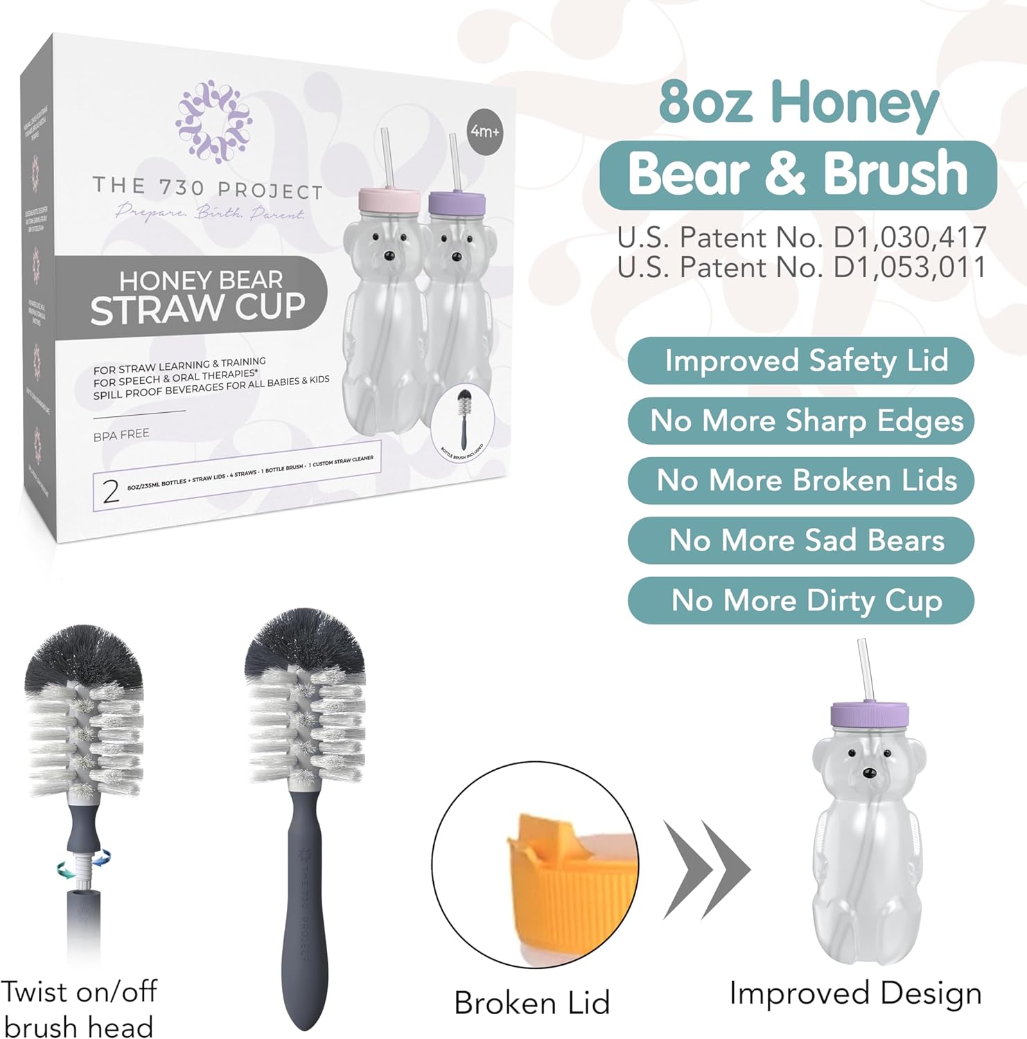 Honey Bear Straw Cup for Babies, 8oz Honey BearCup with Bottle Brush, 2-Pack Improved Lid Therapy Learning Honeybear Straw Cup for Baby Blueberry Pie & Firetruck