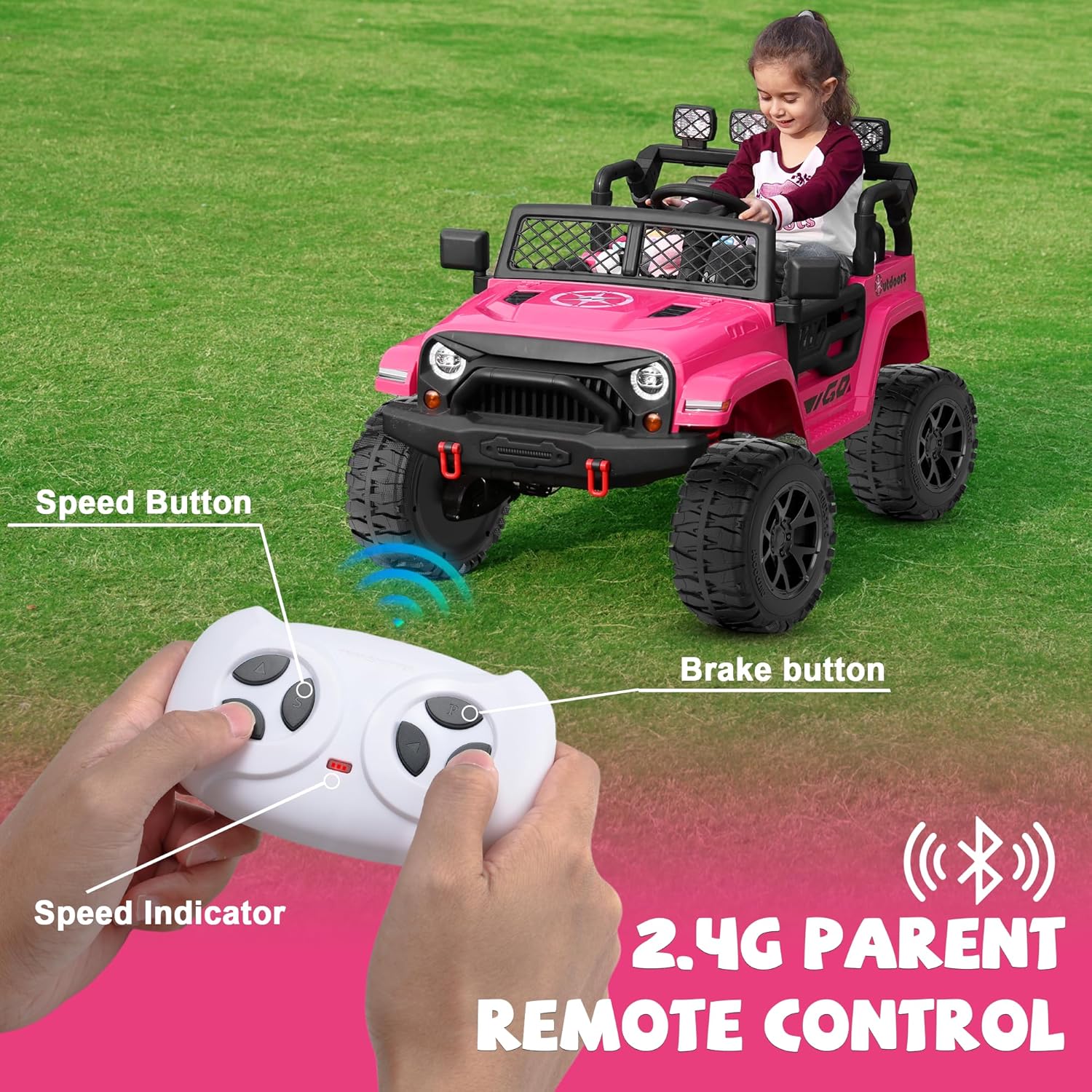 ANPABO 24V 2 Seater Ride On Car for Kids w/EVA Tires, 4X200W Motors, 4 Shock Absorbers, 2.4G Remote Control, Bluetooth Radio, LED Headlights & Searchlights, Electric Car for Kids Ages 3-8, Pink