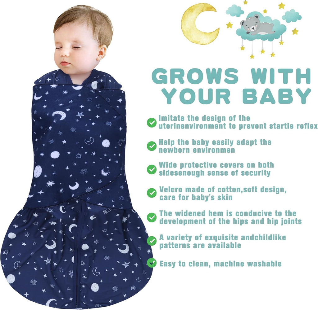 Newborn Sleep Sack Baby Swaddle,Swaddle me 0-3 Month,3-Way Adjustable Wearable Blanket,100% Rayon Cotton Swaddling Sleeping Bag，TOG 0.5 (Starry Sky, 0-3 Months)