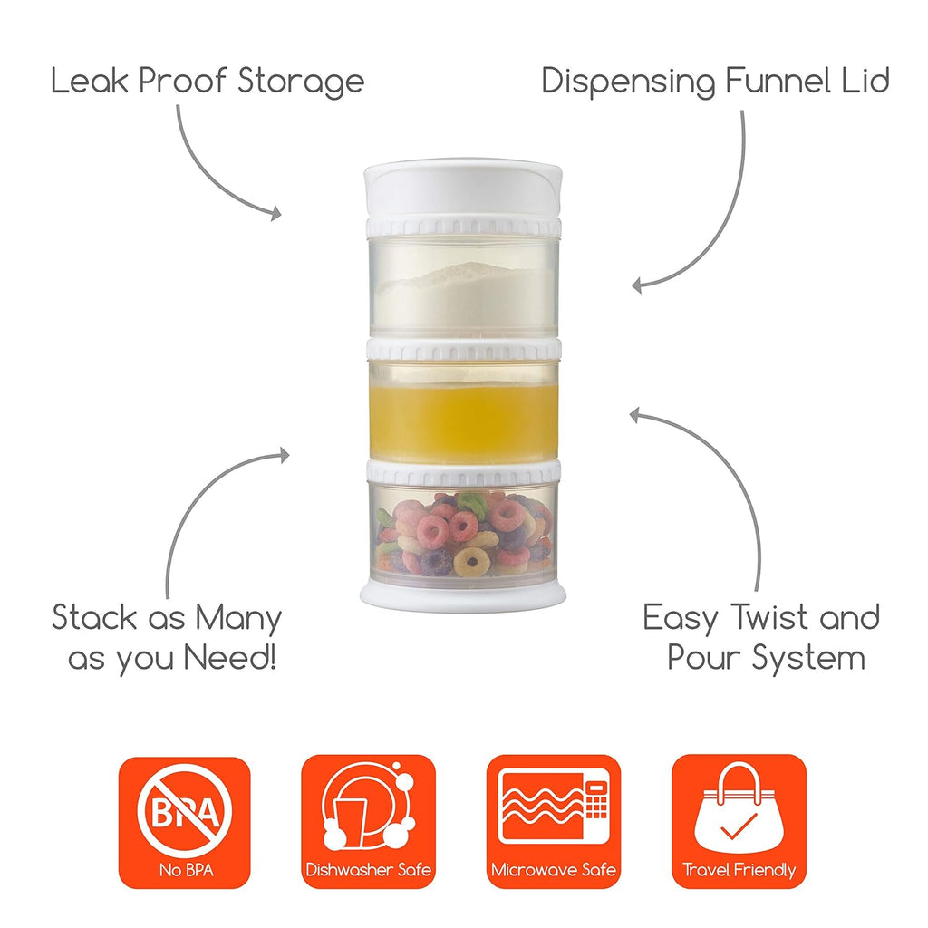Innobaby Packin' Smart Stackable and Portable Storage System for Formula, Liquid, Baby Snacks and More. 3 Stackable Cups in White. BPA Free.