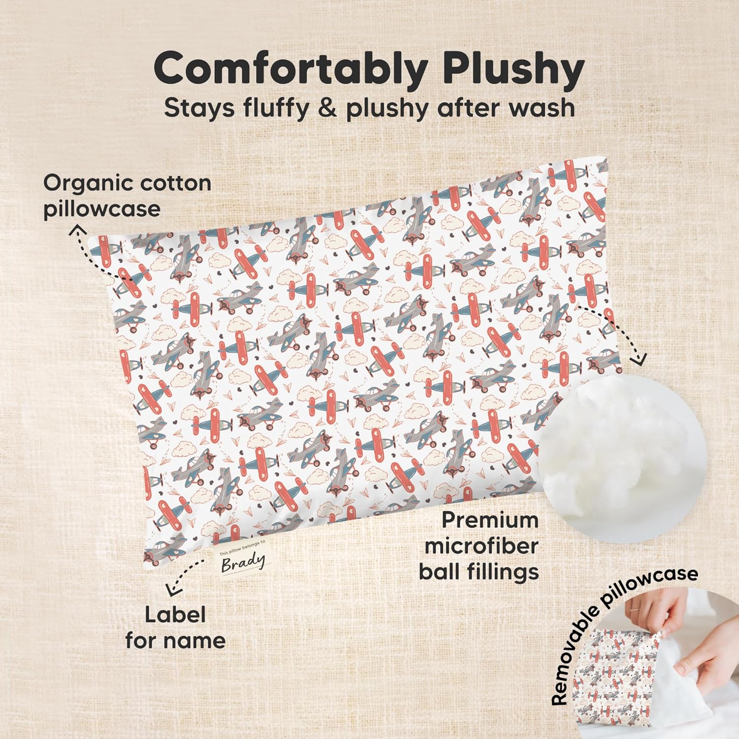 Mini Toddler Pillow with Pillowcase - 9x13 My Little Dreamy Travel Kids Pillow for Sleeping, Toddler Bed, Small, Tiny, Organic Cotton Pillowcase, Soft & Breathable, Kids 2-4 Years Old (Aircraft)