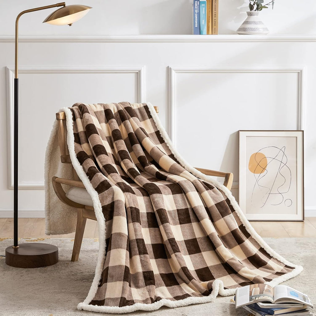 Touchat Sherpa Buffalo Plaid Christmas Twin Blanket 60" X 70", Fuzzy Fluffy Soft Cozy Throw Blanket, Fleece Flannel Plush Microfiber Blanket for Couch Bed Sofa(Brown)