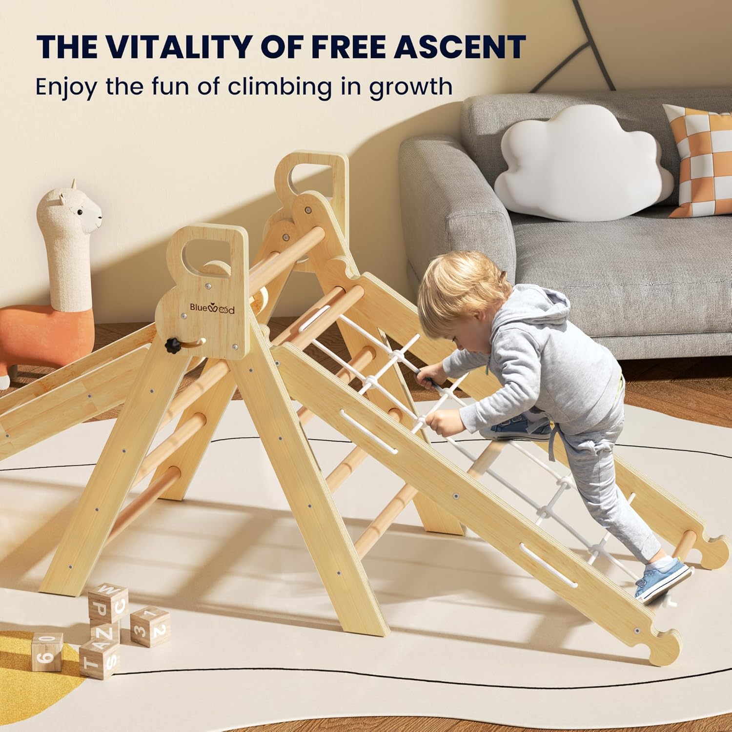 BlueWood 2025 8-in-1 Pikler Triangle Climbing Set Toddler Toys Indoor Baby Jungle Gym Climber Playground for Kids - Natural Wood