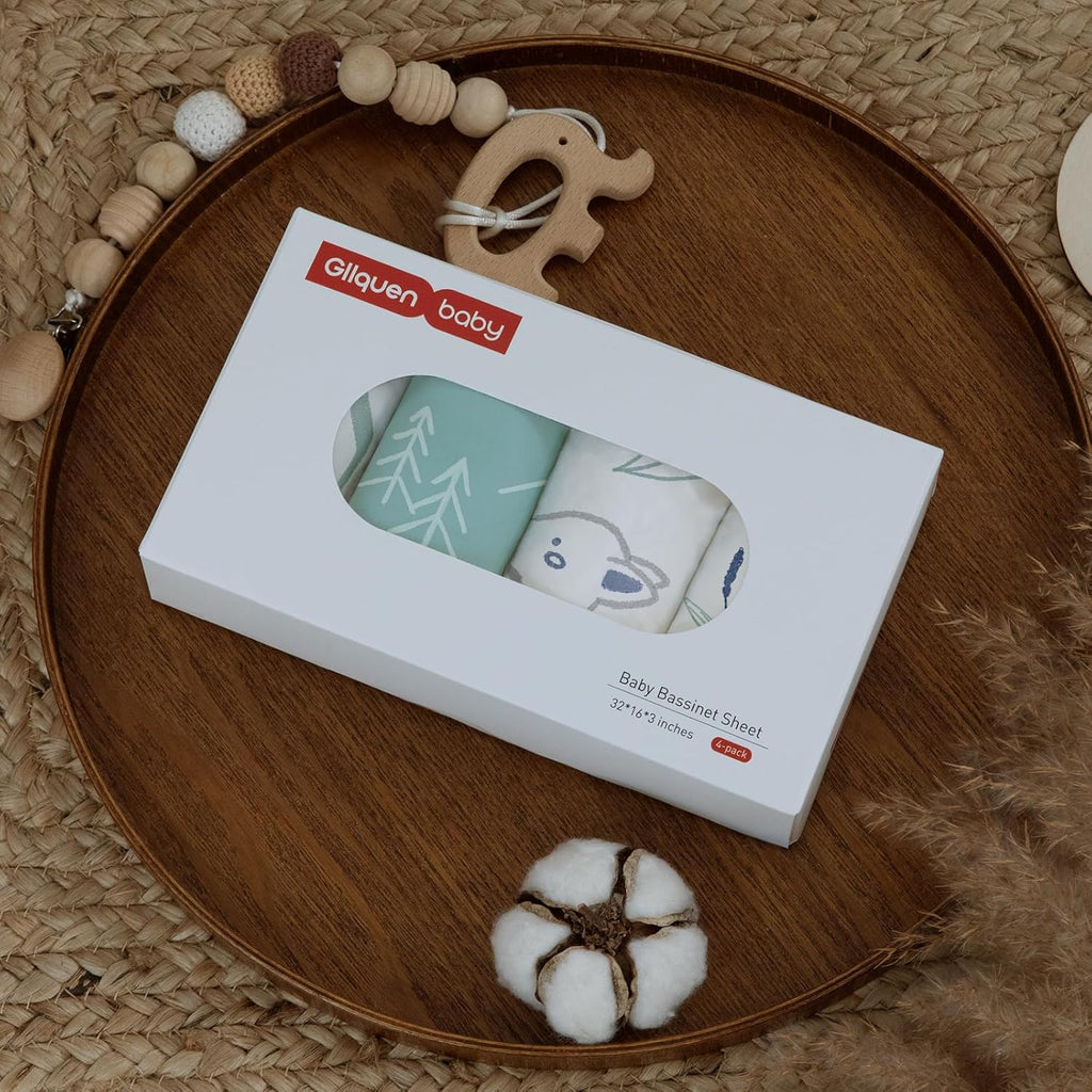 Gllquen Baby Bassinet Sheets 4 Pack, Breathable Cozy Fitted Mattress Sheet, Elastic Travel Crib Fashionable Pattern, Standard Cradle Safe Sheets for Baby Boys Girls 32"x16"(Forest Deer)