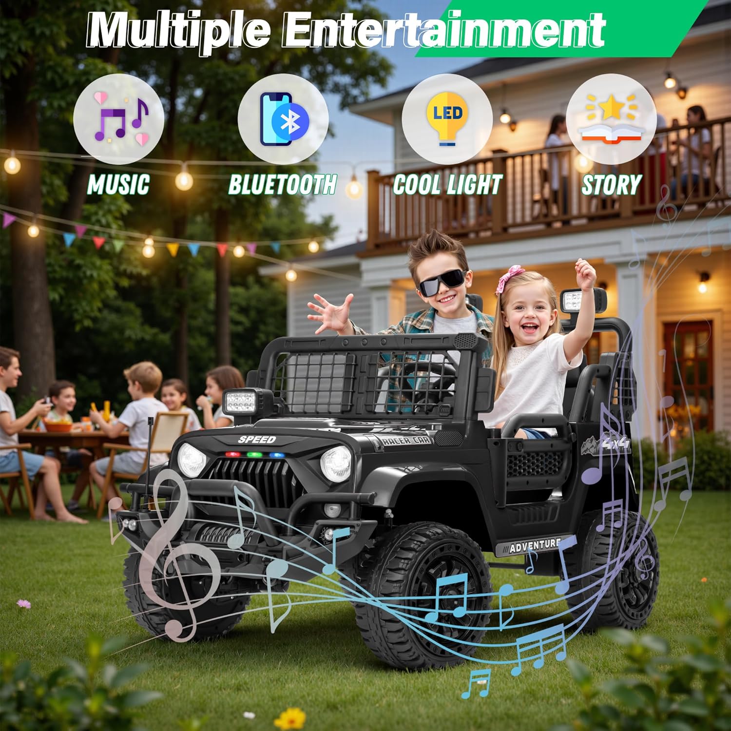 2 Seater Ride On Car Truck with Remote Control XL, Kids 24V Battery Powered Electric Vihicle w/21 in Seat, 3 Speeds, 2WD/4WD Switichable, Shock Absorbers,Bluetooth, Flower, Gift Choice