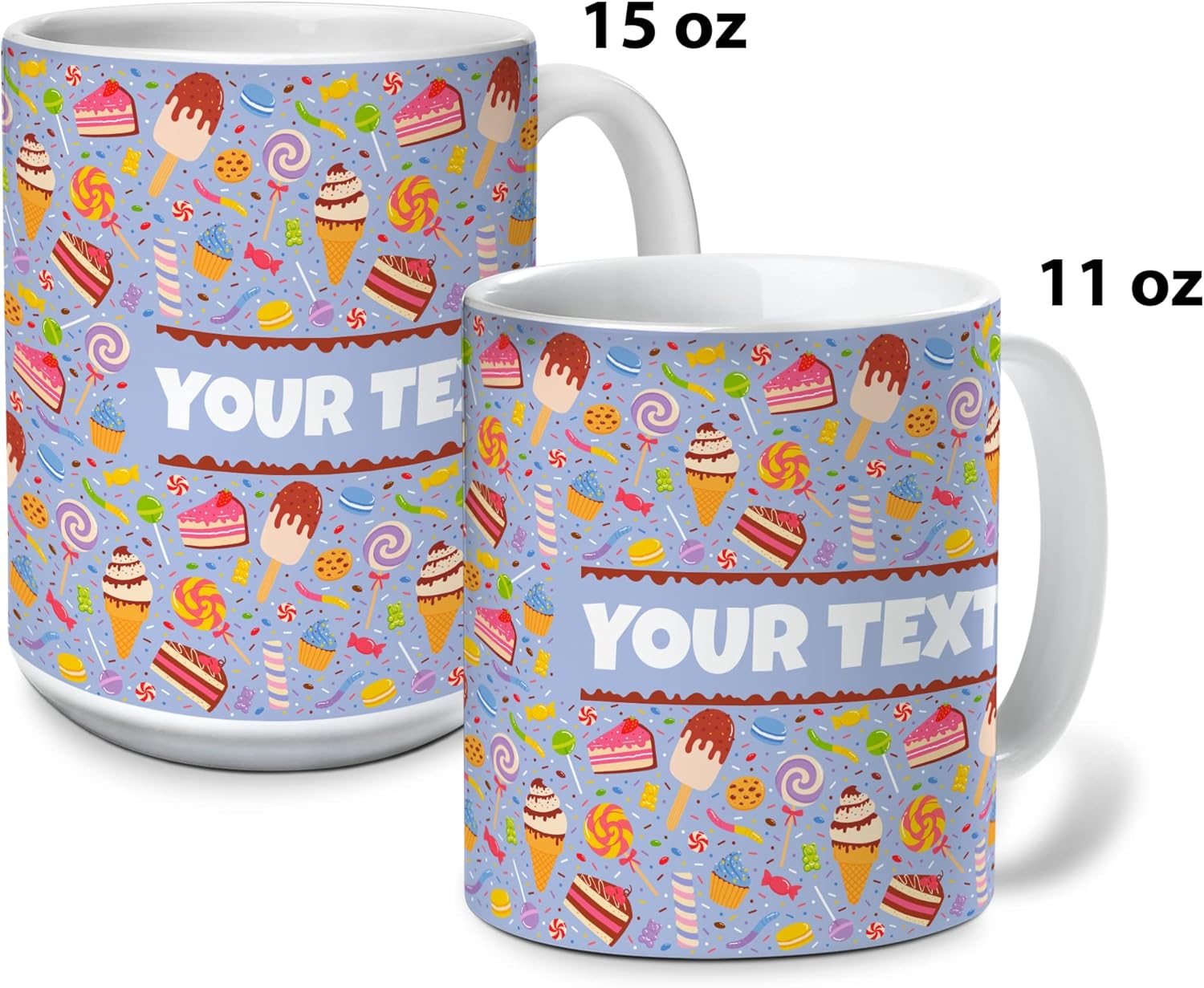 Personalized Mug for Kids - Sweets - Custom Name/Text, Ceramic Hot Chocolate/Cocoa/Coffee Cup for Boys/Girls, Birthday/Christmas/Holiday Gift - 15 oz, Pink Handle