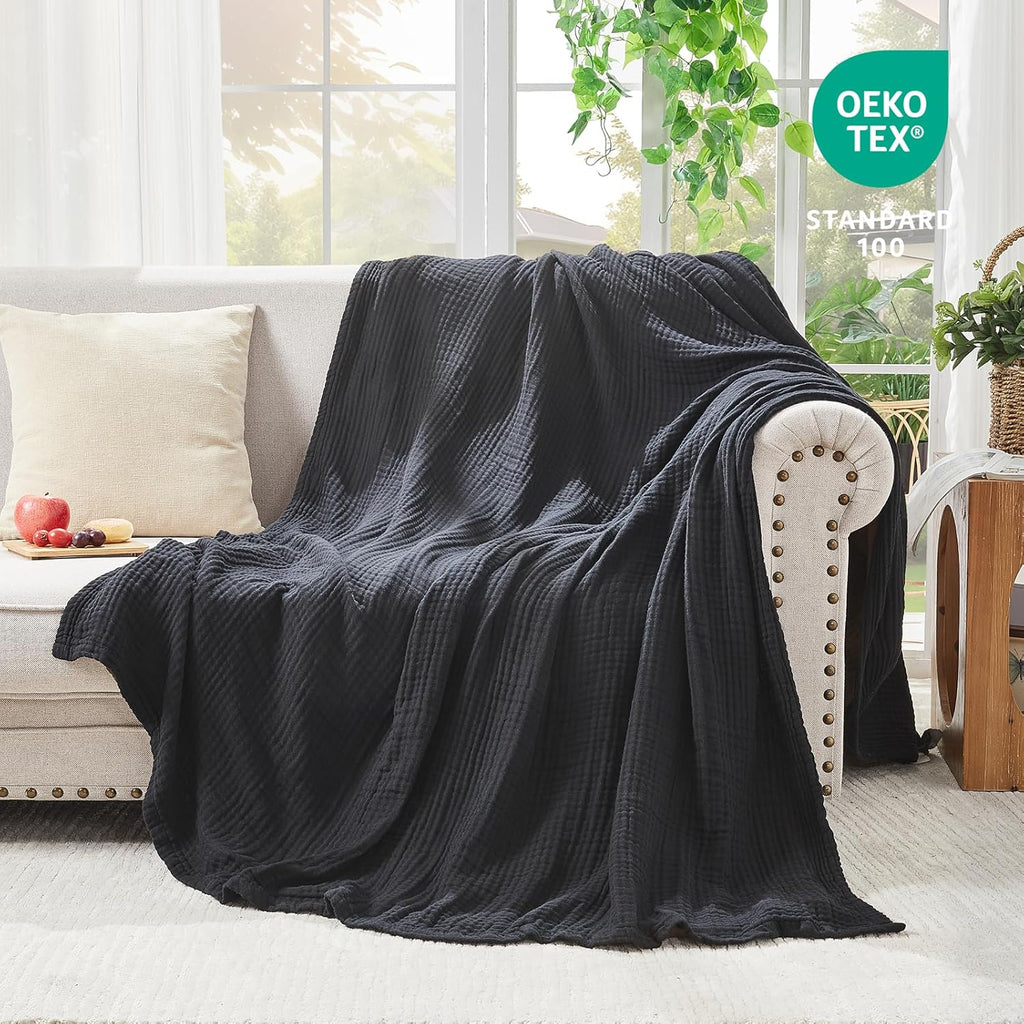 EMME Cotton Muslin Throw Blanket Couch Breathable Gauze Blanket Soft Lightweight Blankets Adults (Black, 50"x60")