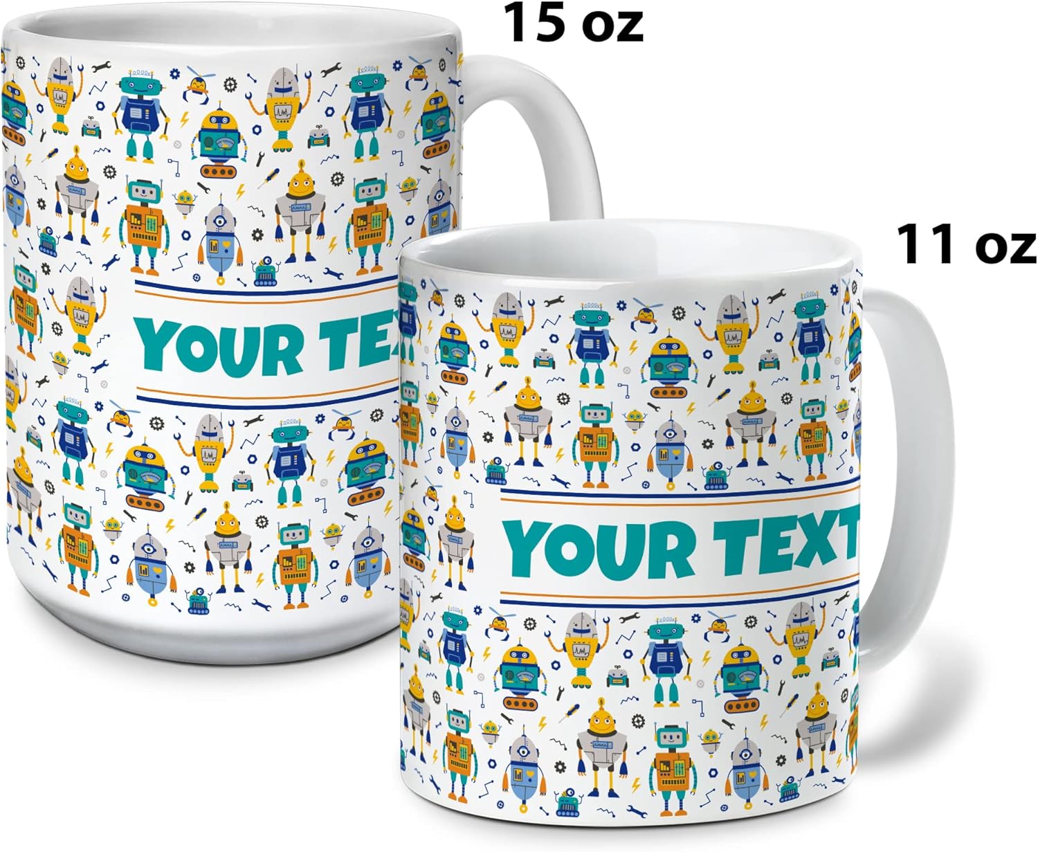 Personalized Mug for Kids - Robots - Custom Name/Text, Ceramic Hot Chocolate/Cocoa/Coffee Cup for Boys, Birthday/Christmas/Holiday Gift - 15 oz, White Handle