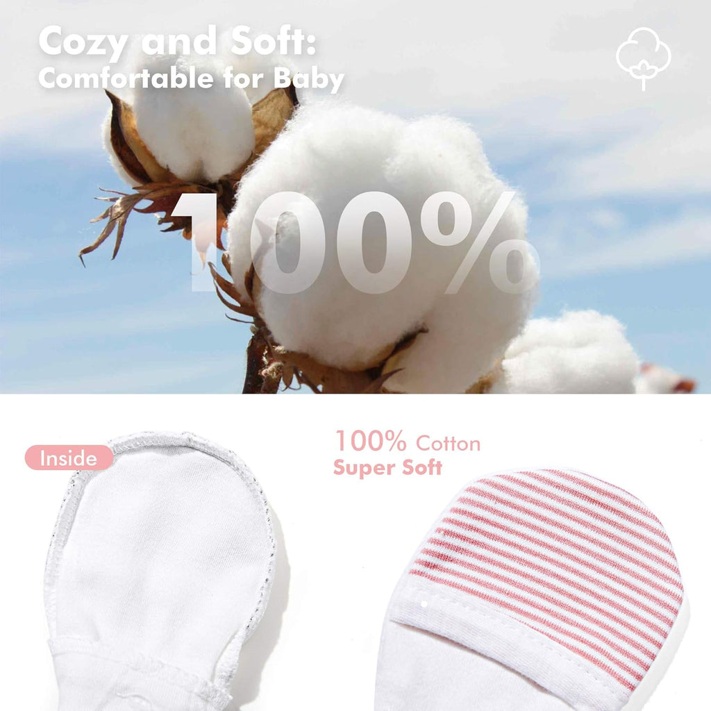 HAPIU Baby No Scratch Mittens Stay On, 100% Cotton Breathable, Adjustable Infant Gloves for Boys Girls, Newborn - 12 M