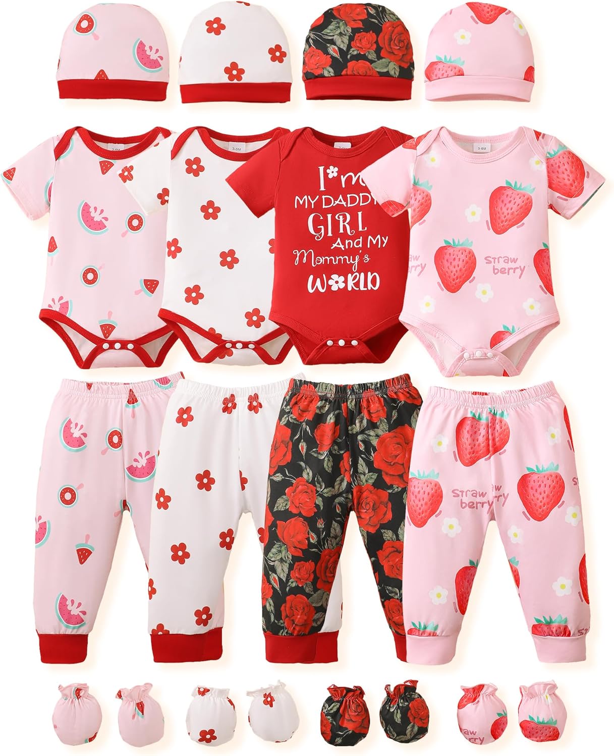 NZRVAWS Newborn Baby Boy Girl Clothes Unisex Infant Romper Pants Set Hat 4-Pack Outfits 0-12 Months 16 Pieces Toddler