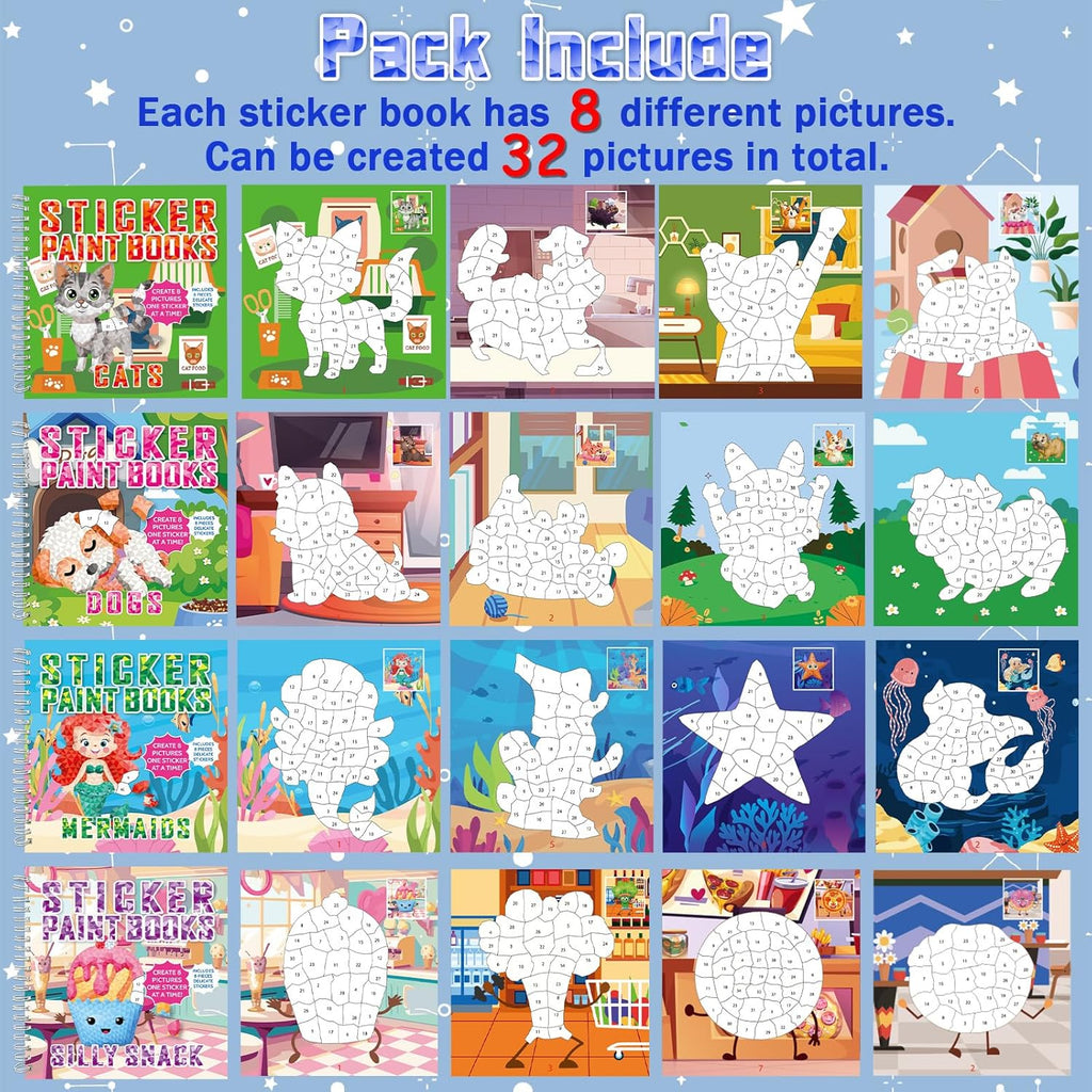 gisgfim 4Pcs Paint by Sticker Books Sticker by Number Books Activity Puzzle Book Craft Art Gift with Mermaid Cat Dog Silly Snack 32 Pictures Sticker by Number Book Set Party Favors