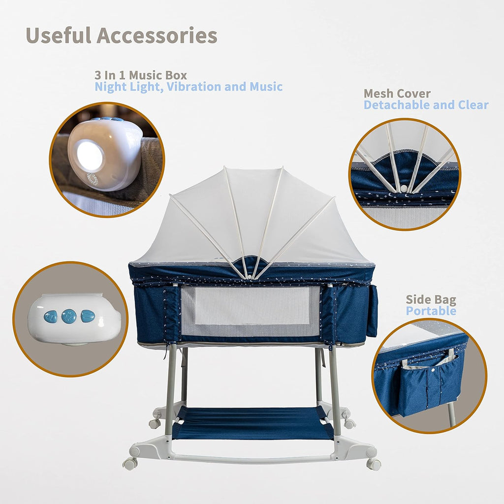 Newborn Portable Bassinet on Wheels for Baby 3 in 1 Bedside Sleeper Rocking Crib Playard with Breathable Mesh Cover Detachable Mosquito Net and Music Box Multi Mode(Navy Blue)