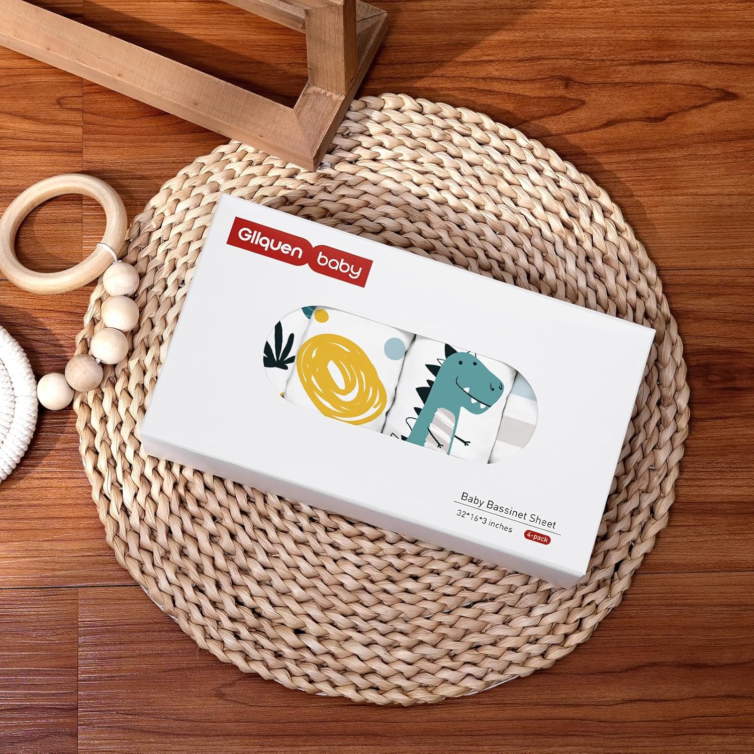 Gllquen Baby Bassinet Sheets 4 Pack, Breathable Cozy Fitted Mattress Sheet, Elastic Travel Crib Fashionable Floral Pattern, Standard Cradle Safe Sheets for Baby Boys Girls 32"x16"(Dinosaur)