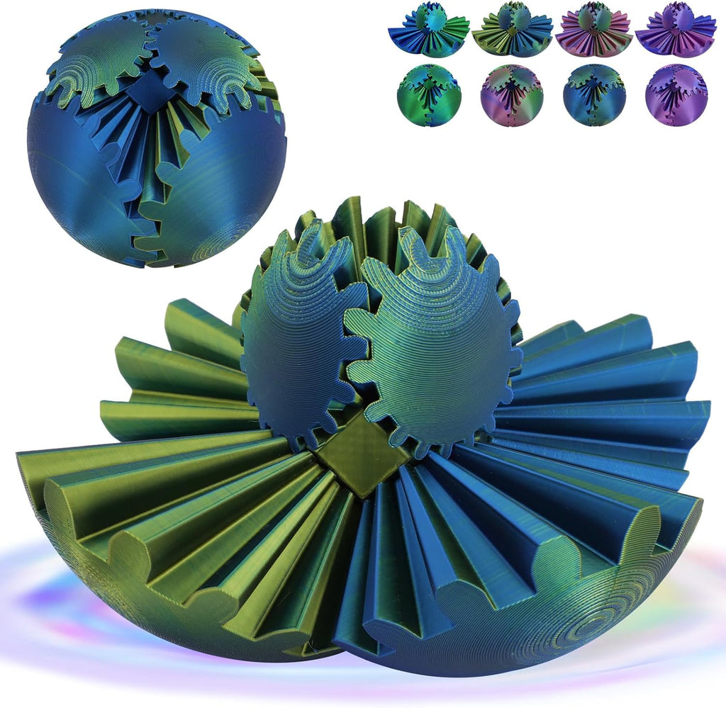 4-inch Larger 3D Printed Gear Ball - Marvellous Design Gear Sphere, Already Assembled 360° Rotatable Gearsphere, Steampunk Whirling Wonder Fidget for Stress and Anxiety Relief (Blue Gold)