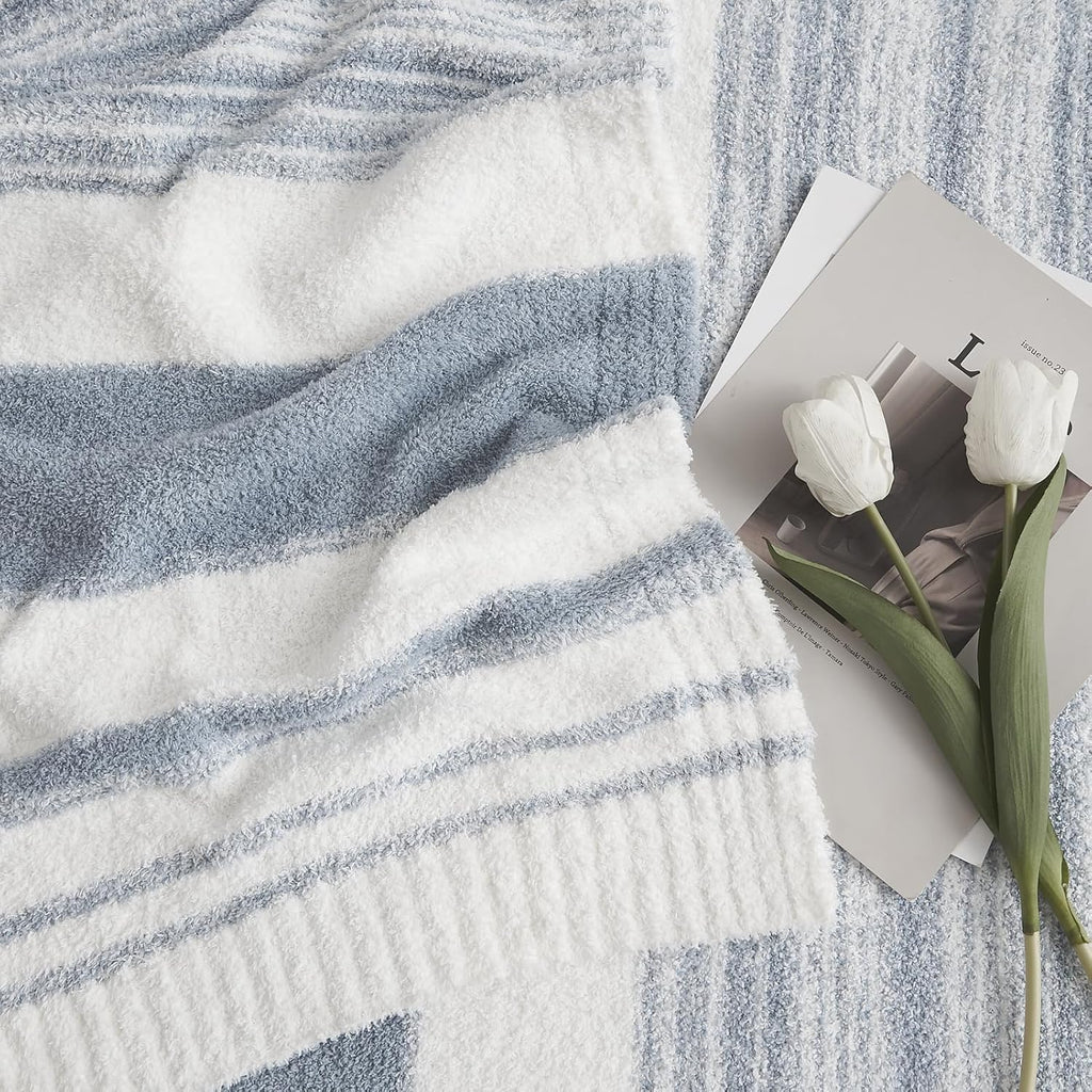 WRENGONGE Grey Blue Throw Blanket, 50x70 Soft Cozy Striped Throw Blankets for Couch, Sofa, Bed, Travel, Lightweight Fluffy Warm Plush Decorative Blankets for Women, Men,Kids Gift