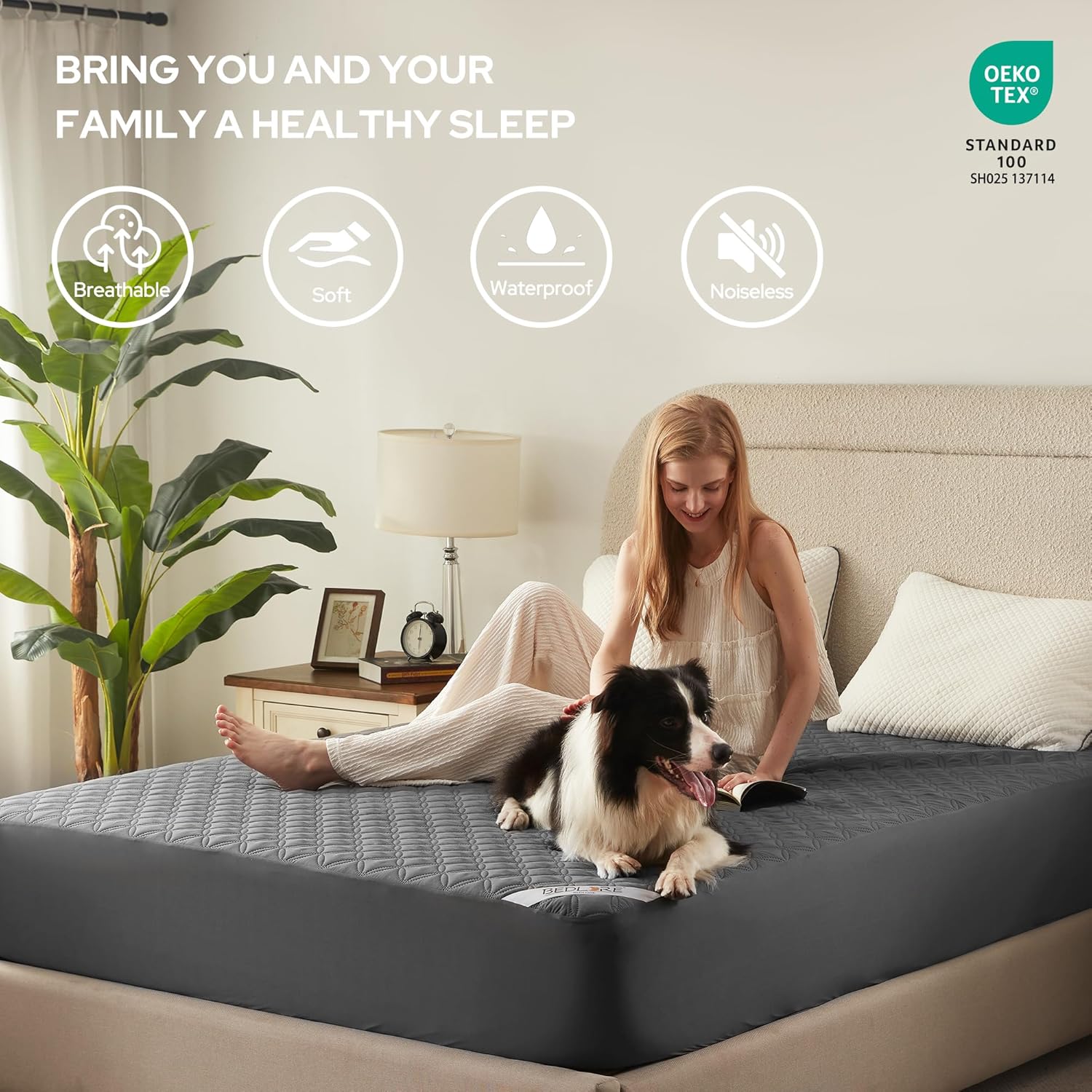 BEDLORE Waterproof Mattress Protector, Noiseless California King Size Mattress Pad with Deep Pocket Fitted Up to 6-18 inches, Soft Breathable Dirt-Proof Bed Mattress Cover for Bedroom(Gray)