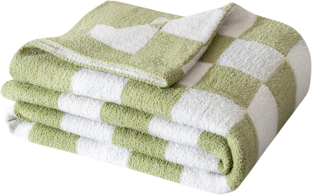 SeaRoomy Checkered Blanket, Ultra Soft Knitted Blanket Queen Size, Warm Cozy Fluffy Microfiber Reversible Checkerboard Bed Throw for All Seasons Sage Green Decor(Sage Green, 90"×90")
