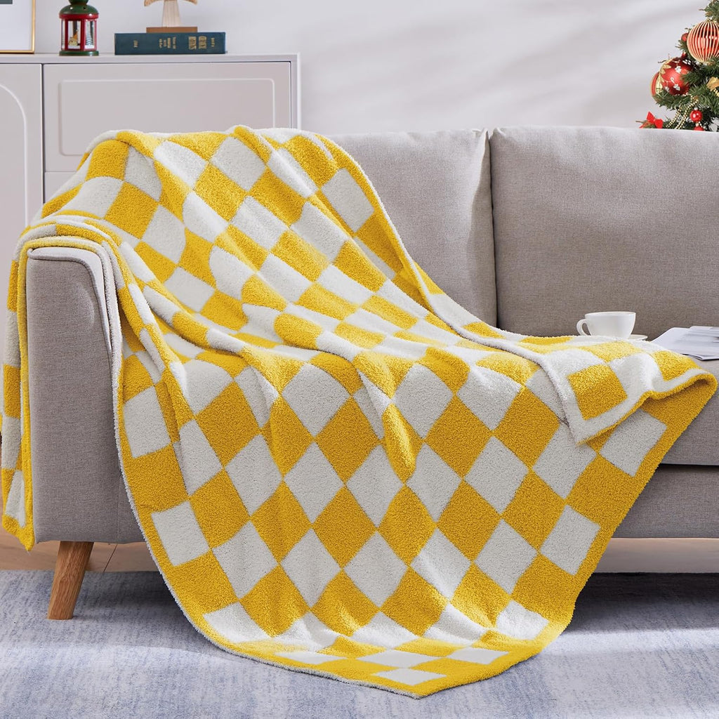 WRENSONGE Checkered Throw Blanket, Yellow Soft Cozy Fluffy Warm Hand Made Throw Blankets for Couch, Sofa, Chair, Bed, Camping, Picnic, Travel Lightweight Bed Blanket - 60"*80"