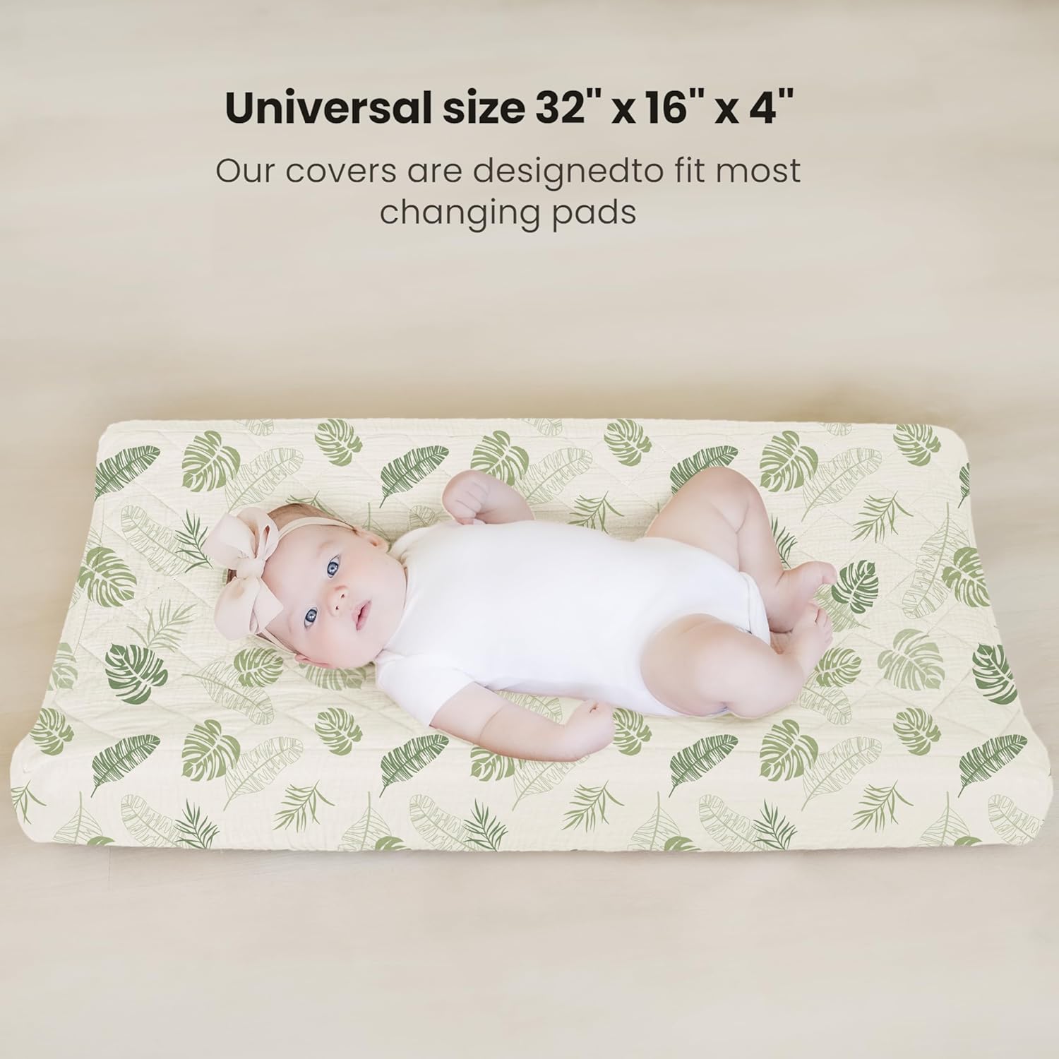 Konssy Waterproof Muslin Changing Pad Cover 2 Pack, Quilted Cotton Fitted Diaper Changing Table Cover, Soft Changing Pad Sheets for Girls Boys (Palm Paradise,Sage)