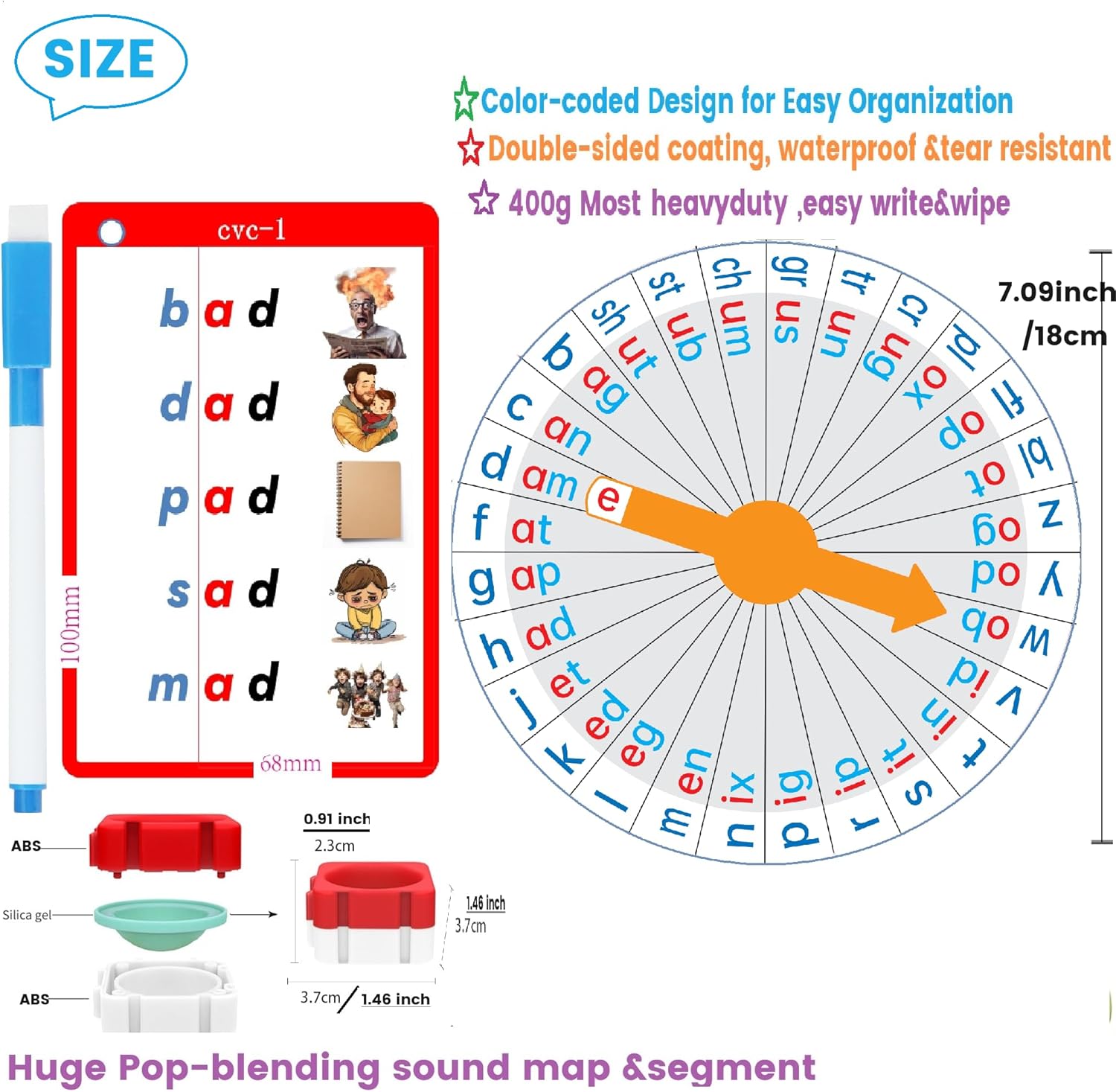 Interactive Reading & Phonics Toy, 570 Words & 4 Levels(CVC, CVCC, CCVC, Long Vowel) word family Handwritten FlashCard,Wheel design phonics disk, Word Pop Segment Blocks & Blend Sound,Preschool to 3rd